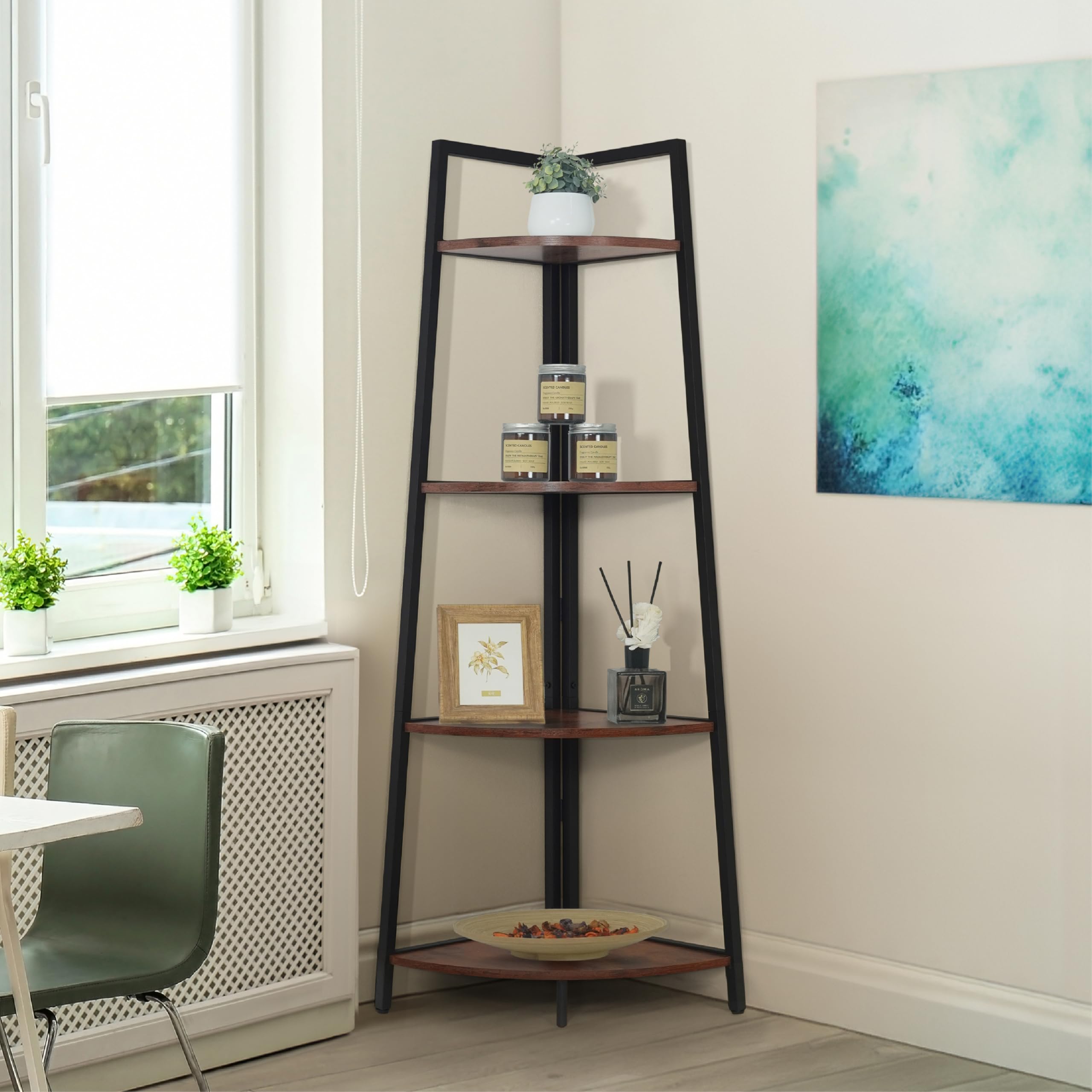 CAPHAUS Tall Corner Shelf Stand, 4-Tier Display Shelves, Ladder Corner Wood Storage Plant Bookshelf with Metal Frame, Versatile 