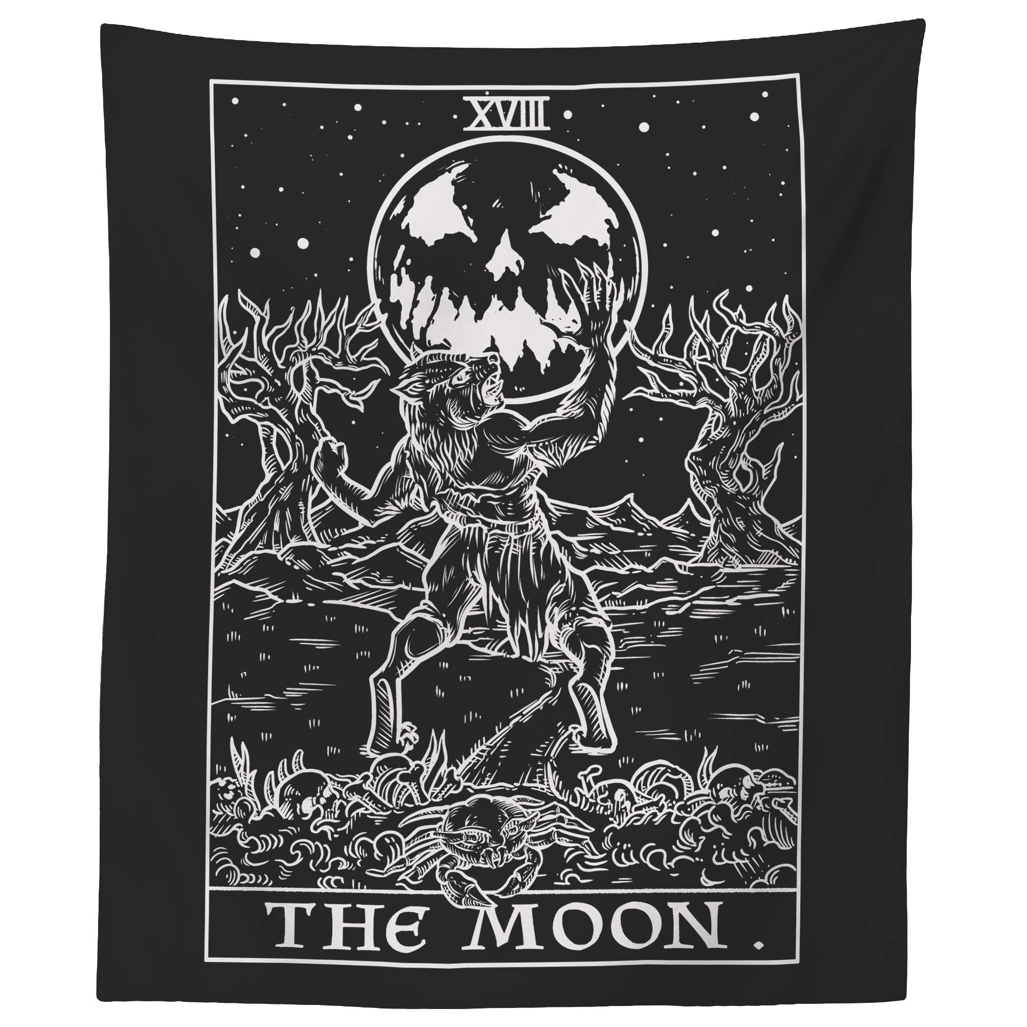 The Moon Tarot Card Tapestry (Black & White) - Werewolf - Gothic Halloween Home Decor Wall Hanging (60 x 50)