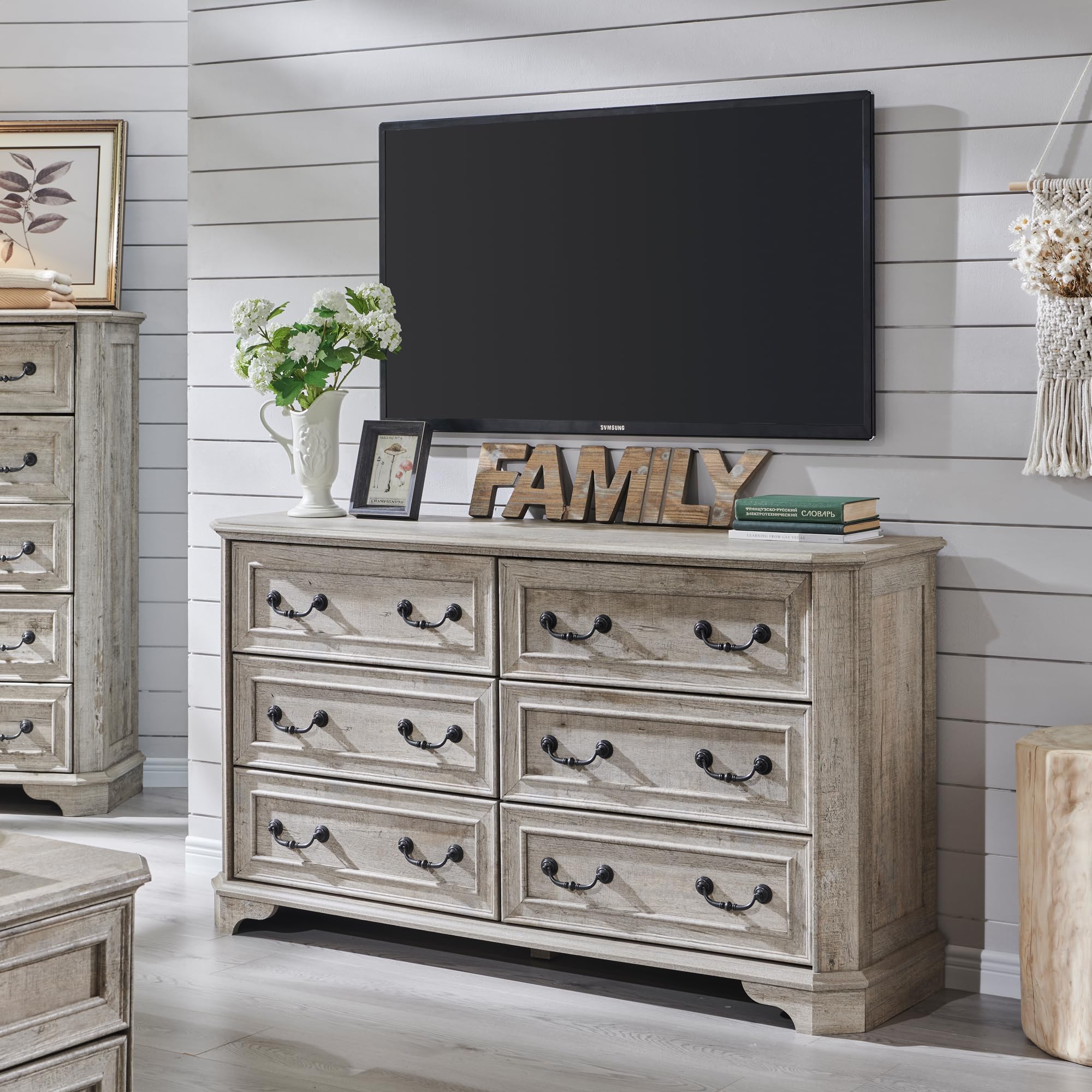 T4TREAM Farmhouse 6 Drawers Dresser for Bedroom, 54 Wide Wood Rustic Chest of Drawers with Natural Texture, Vintage Design, Stor
