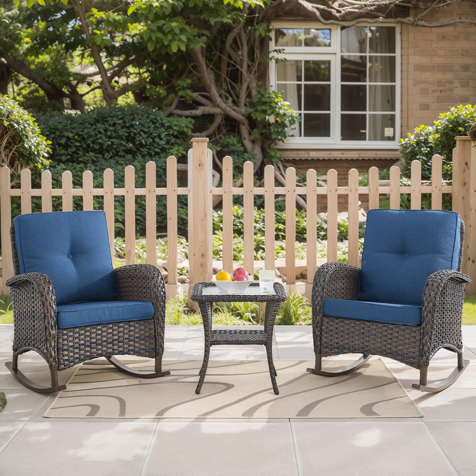 HUMMUH 3-Piece Outdoor Rocking Chairs,All-Weather PE Wicker Patio Rocker Chairs Bistro Set with Side Table,Porch Balcony Furnitu