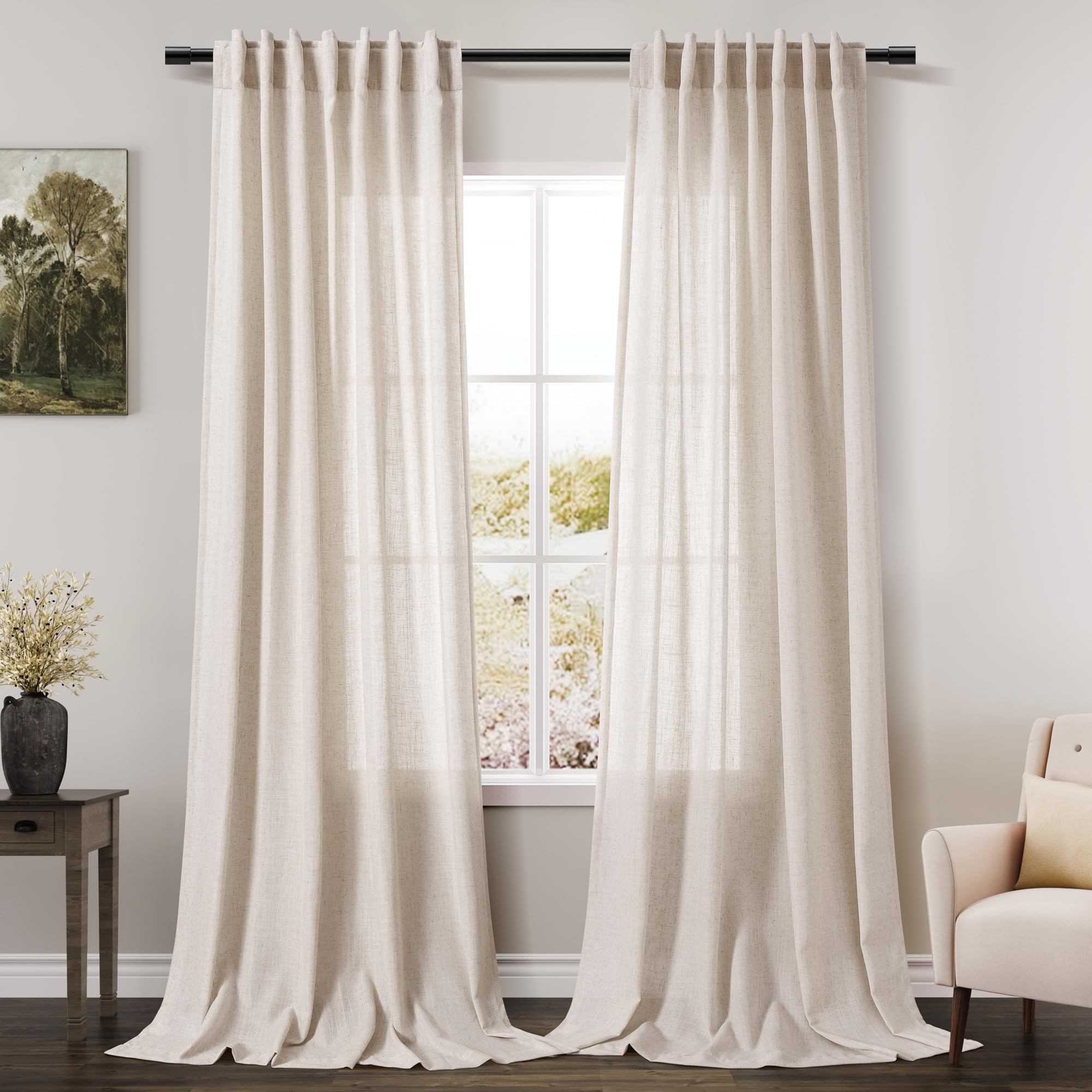 Extra Long Curtain 102 inches Long 2 Panels Set Back Tab Beige Drapes for Living Room Neutral Farmhouse Light Filtering Semi She