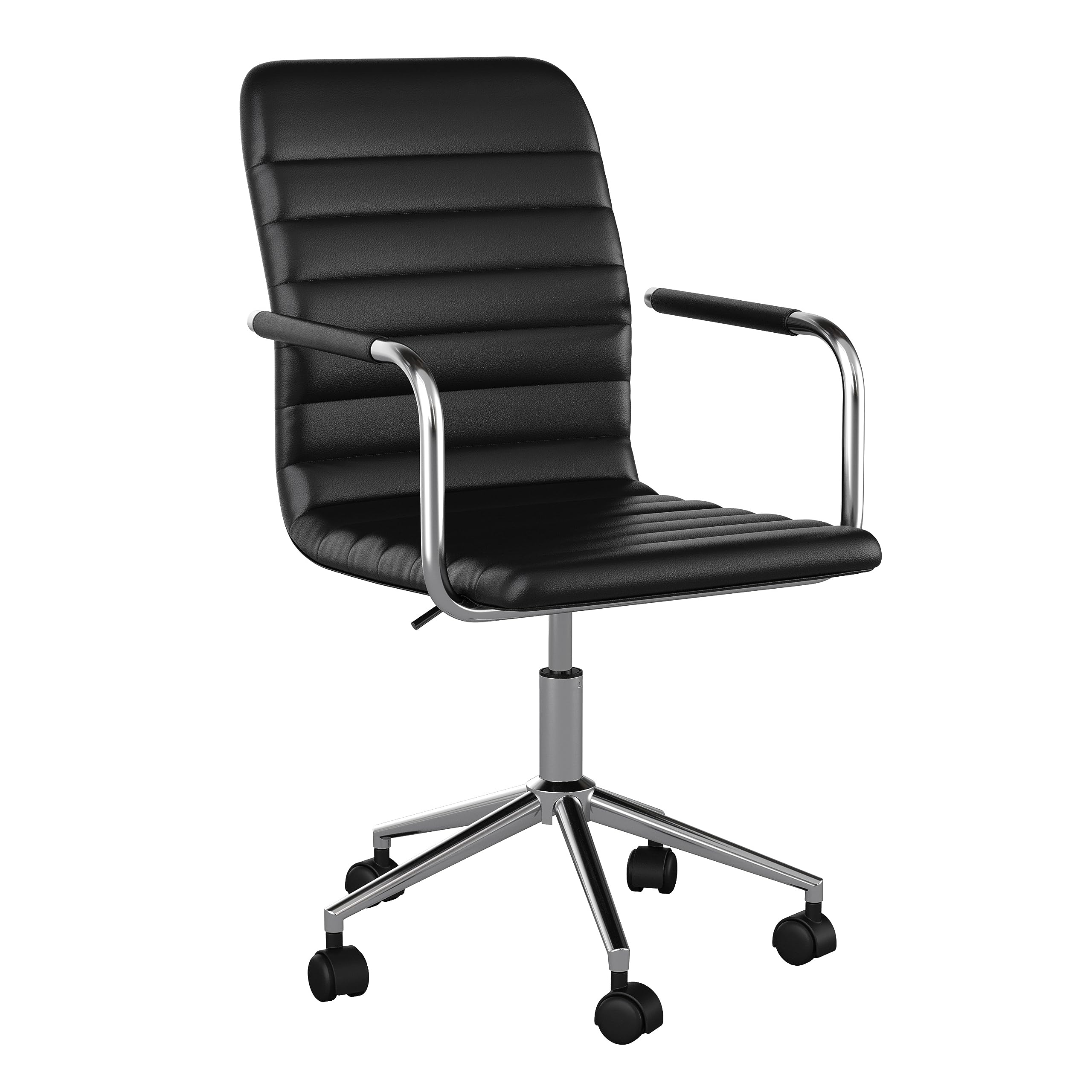 Martha Stewart Taytum Swivel Task Chair with Armrests for Home Office in Black Faux Leather with Polished Nickel Frame