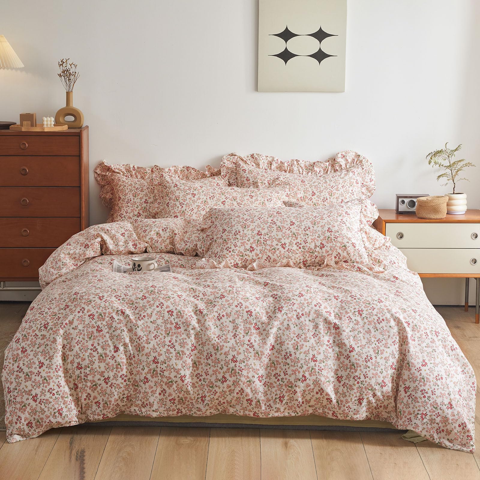 Girls Floral Duvet Cover Queen Pink Red Flower Ruffle Duvet Cover Soft Cotton Vintage Garden Style Lace Floral Bedding Set Queen