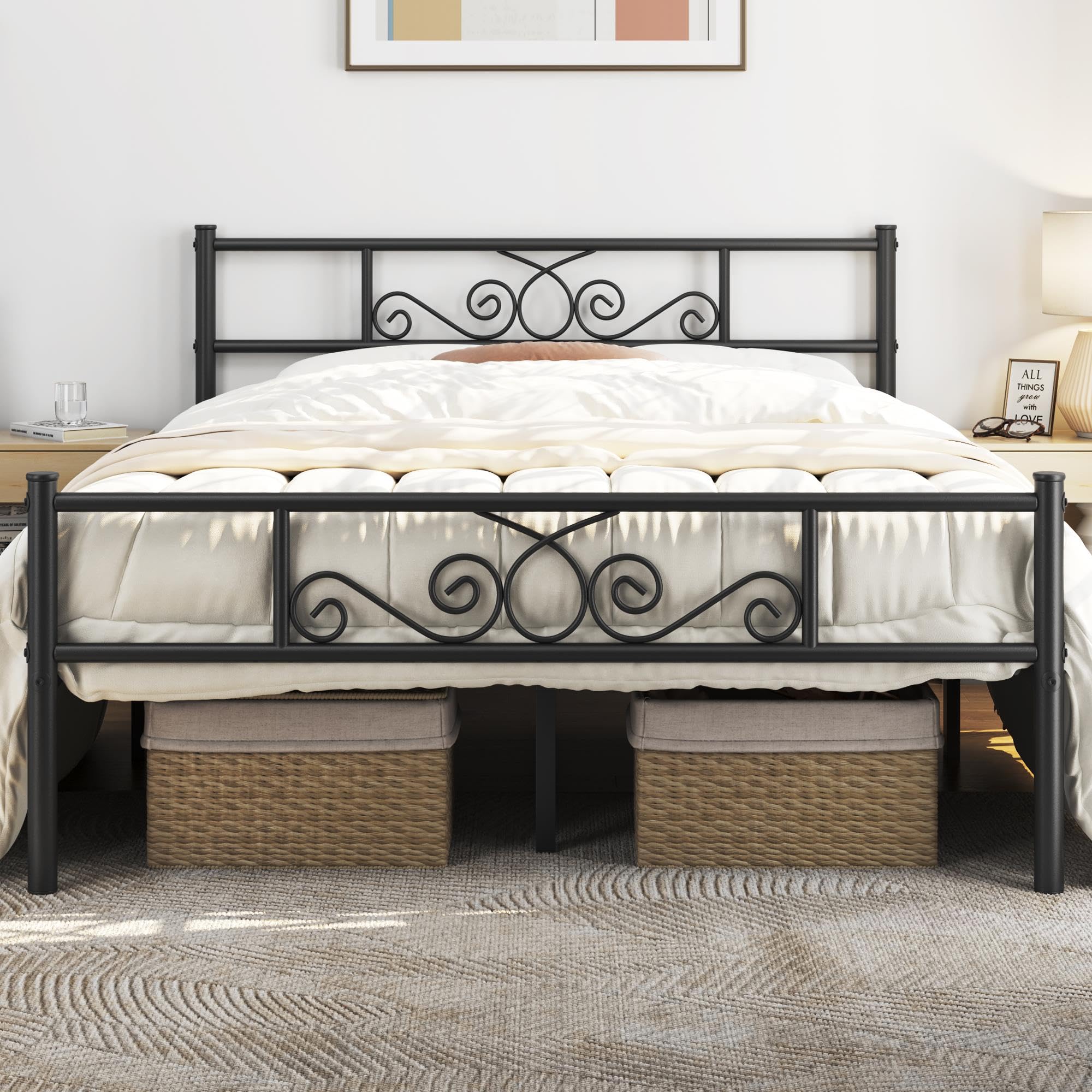 Yaheetech Queen Bed Frames Metal Platform Bed with Headboard and Footboard for Bedrooms No Box Spring Needed Easy Assembly,Groun