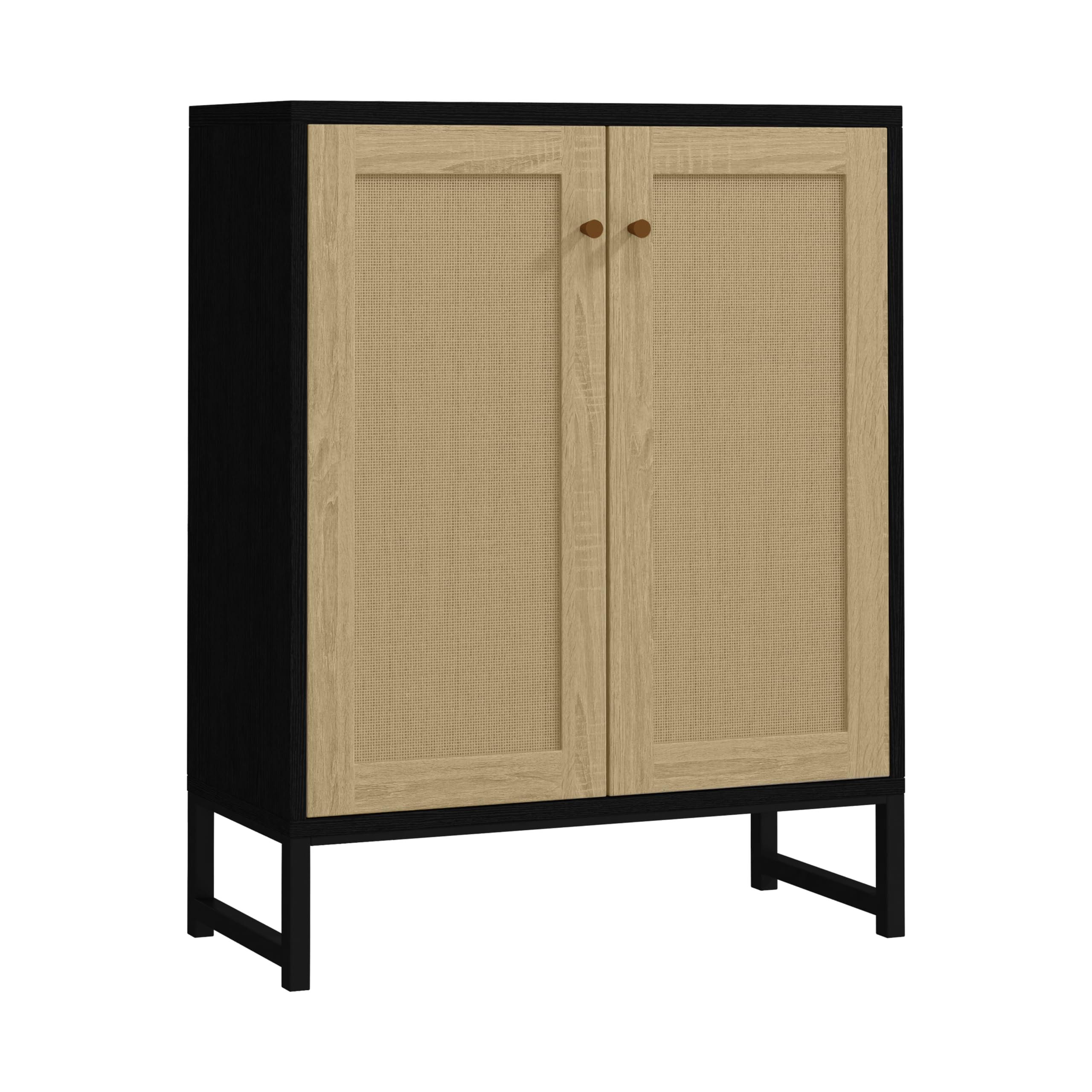 Panana Rattan Decorated 2 Doors Storage Cabinet Accent Cabinet Living Room Cupboard Kitchen Sideboard Buffet Table (Black Cabine