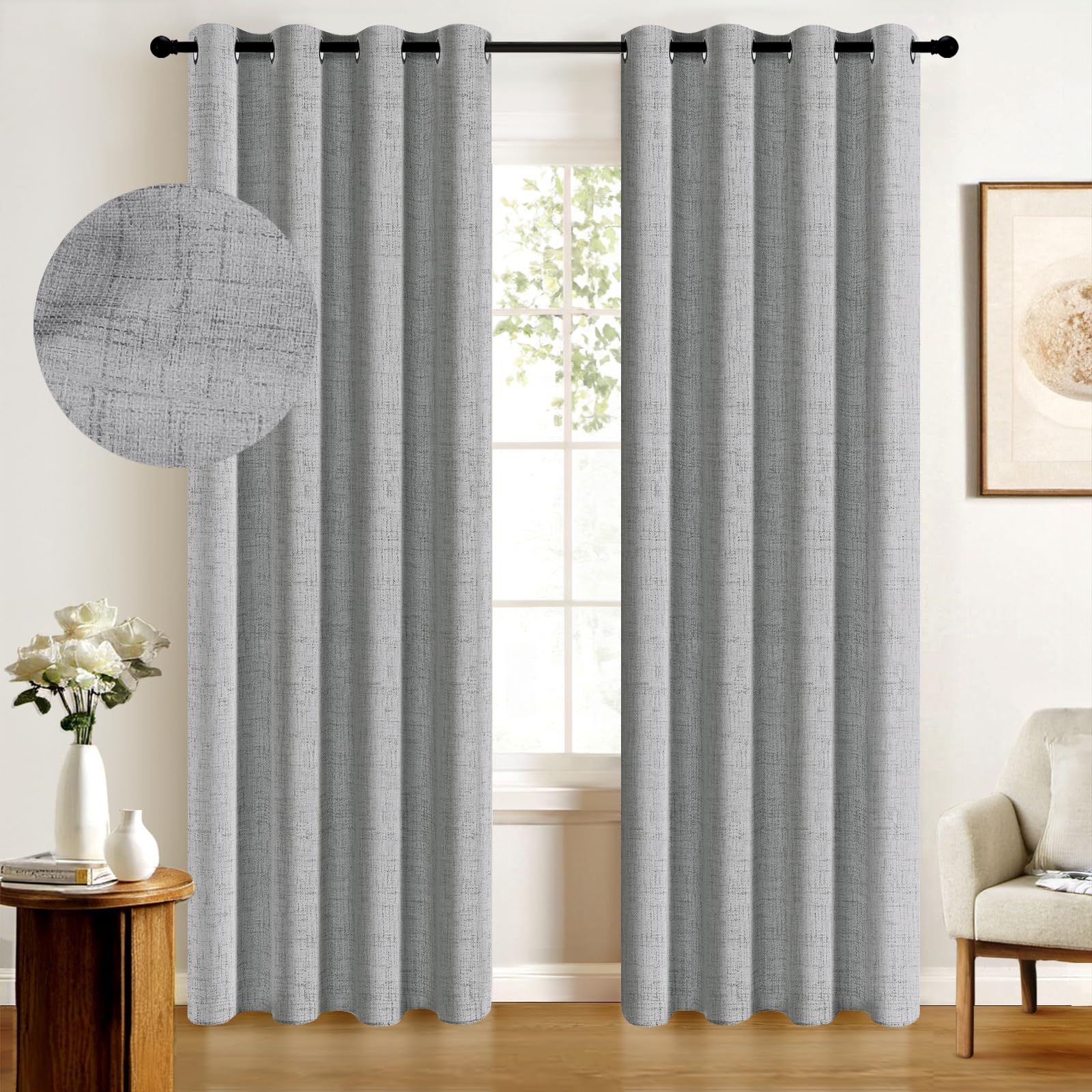 100% Blackout Shield Linen Blackout Curtains for Bedroom, Thermal Insulated Curtains 63 Inch Length 2 Panels Set, Grommet Drapes