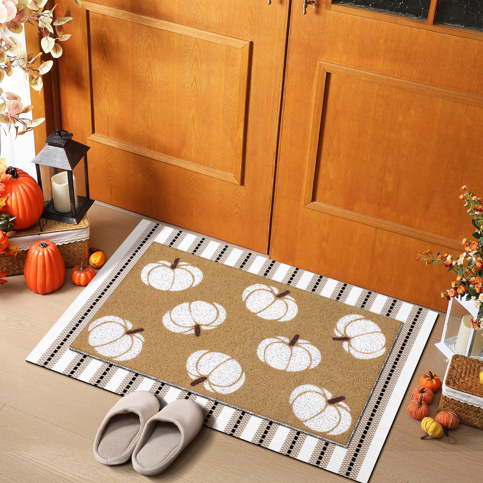 Drydiet 2 Pcs Fall Doormats Welcome Outdoor Door Mats Layered Neutral Pumpkin Front Door Rugs Non Slip Floor Mats for Autumn Tha