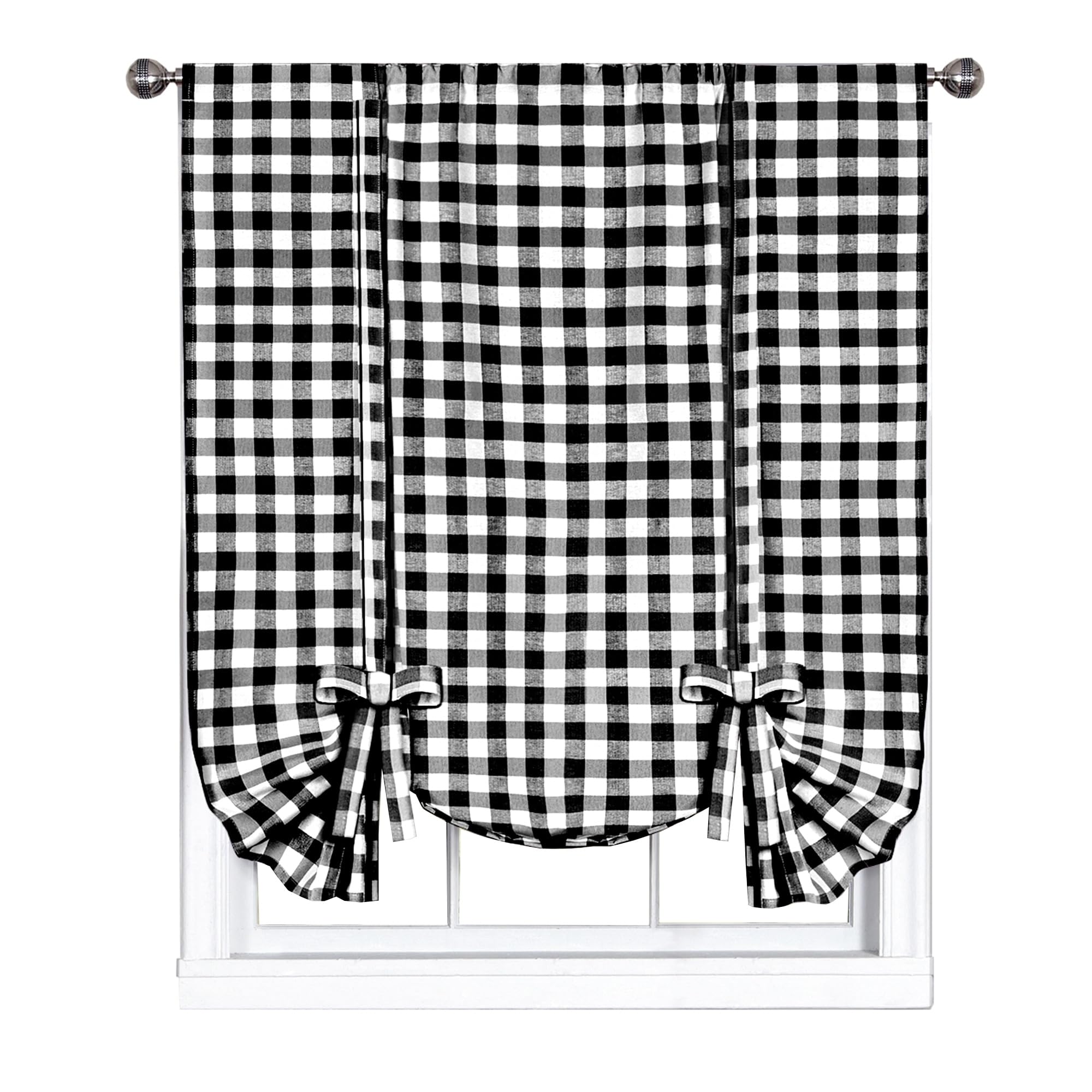 Buffalo Check Tieup Window Curtain - 42 Inch Width, 63 Inch Length - Black & White Plaid - Light Filtering Farmhouse Country Dra