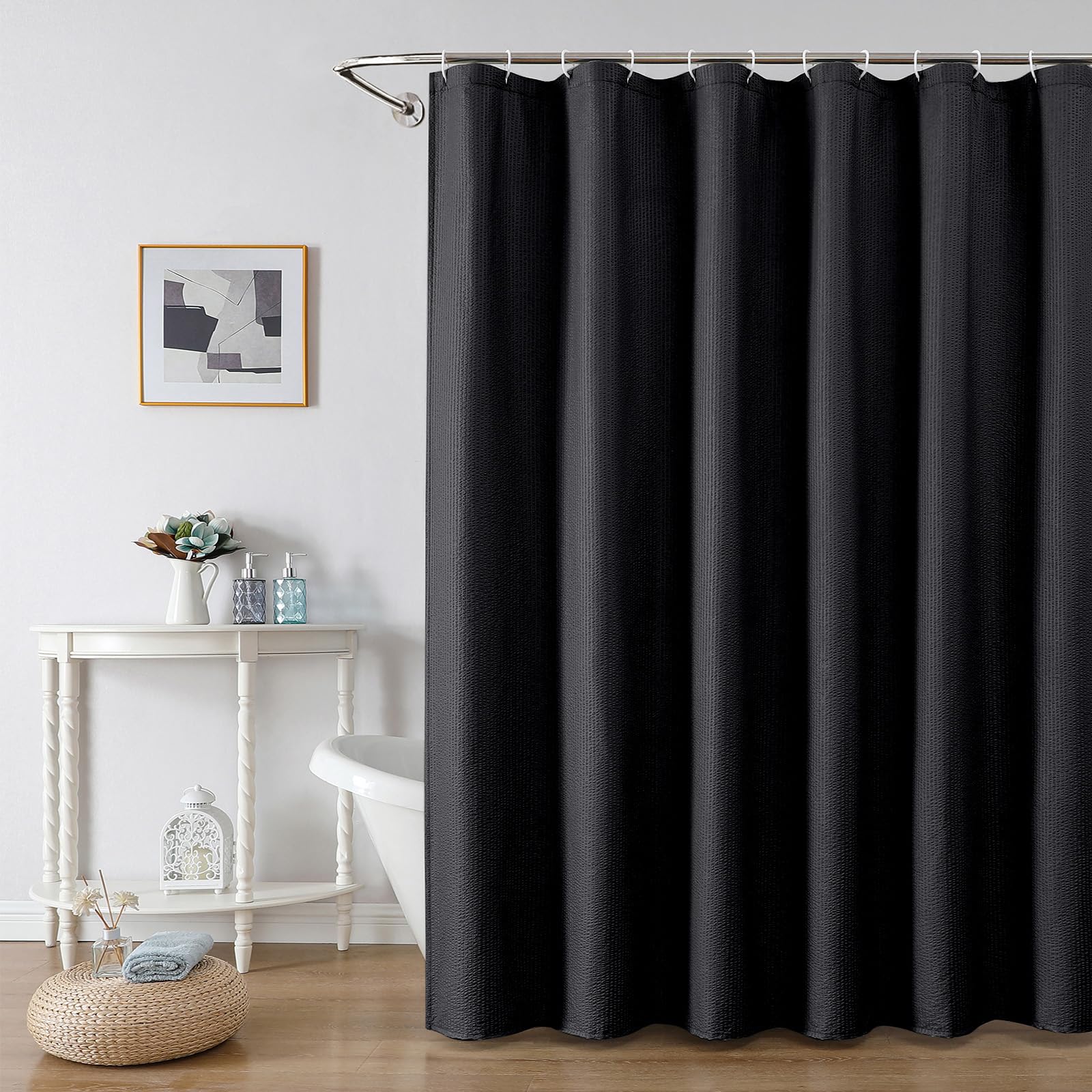 OWENIE Black Shower Curtain for Bathroom 78 Inches Long, 3D Embossed Textured Fabric Farmhouse Shower Curtain Soft Cloth, Water 