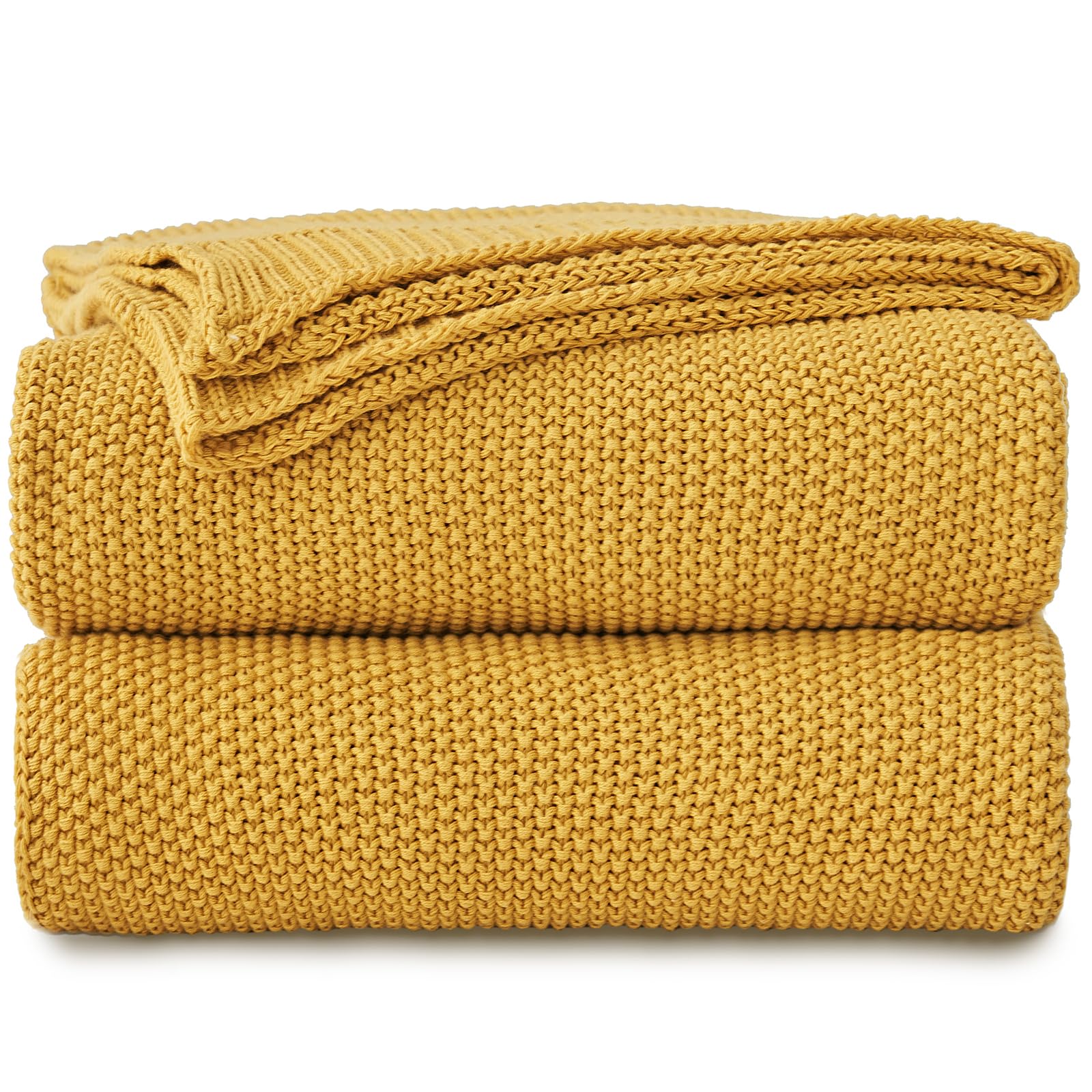 Longhui bedding Mustard Yellow Cotton Cable Knit Throw Blanket for Couch Sofa Bed, Home Decorative Lightweight Knitted Blankets 