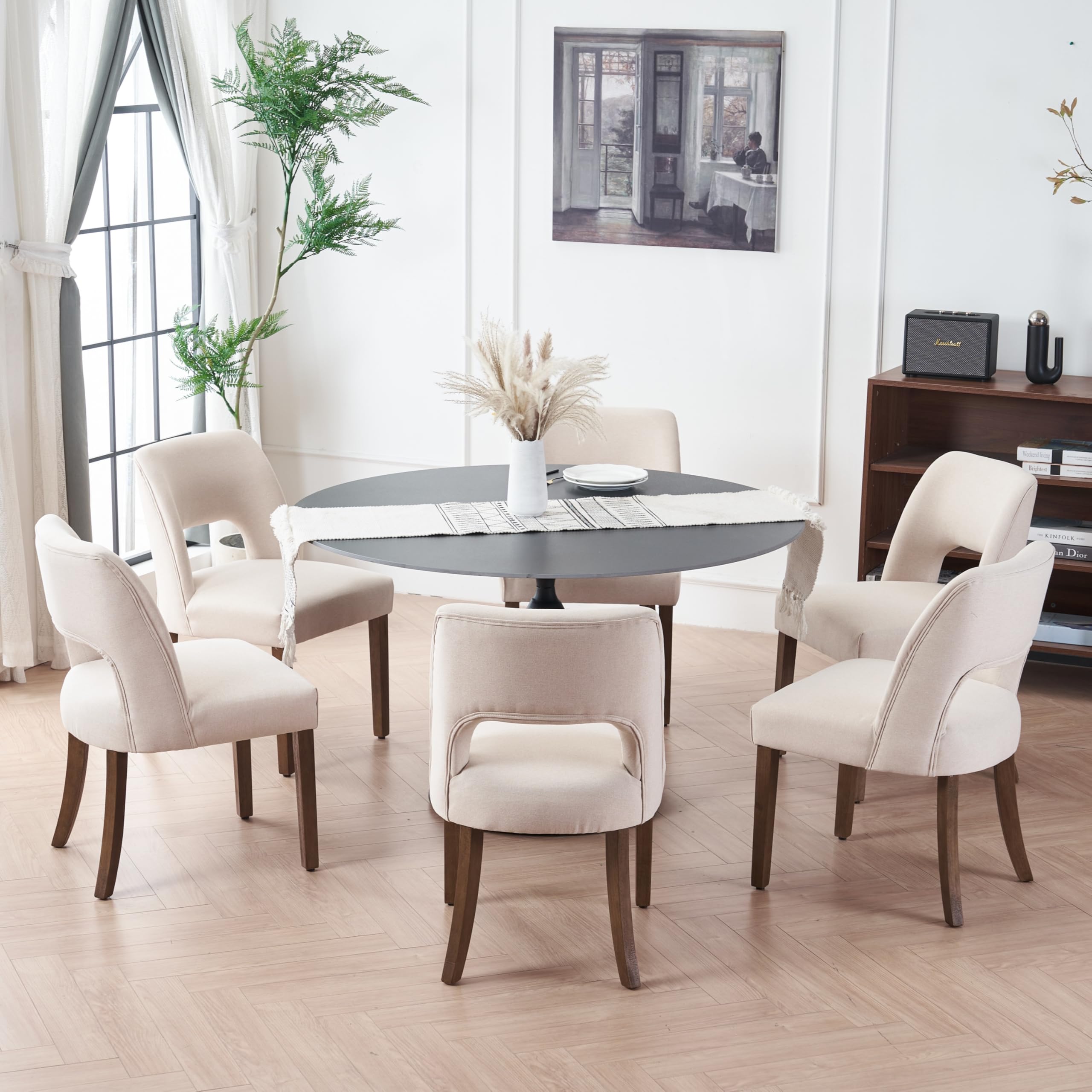 VKNOW Wooden Dining Chairs Set of 6, Modern Fabric Upholstered Dining Room Chair Kitchen Chairs, Farmhouse Dinner Chair for Kitc