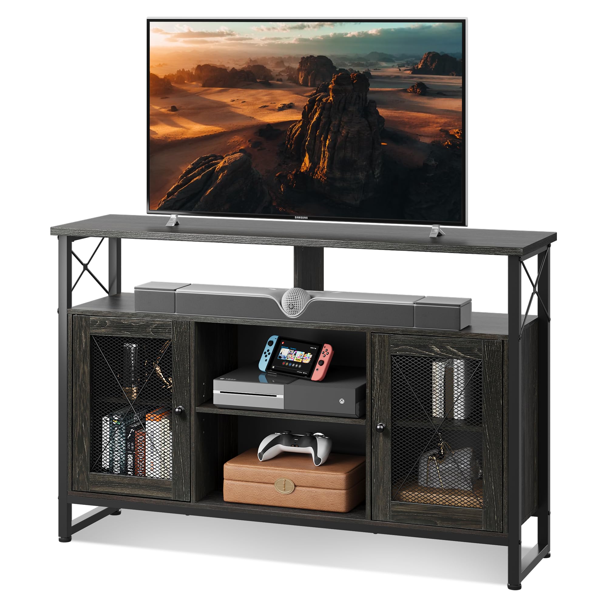 WLIVE TV Stand 55 inch TV,Tall Entertainment Center with Storage, Farmhouse Industrial TV Console for Bedroom Living Room, Charc