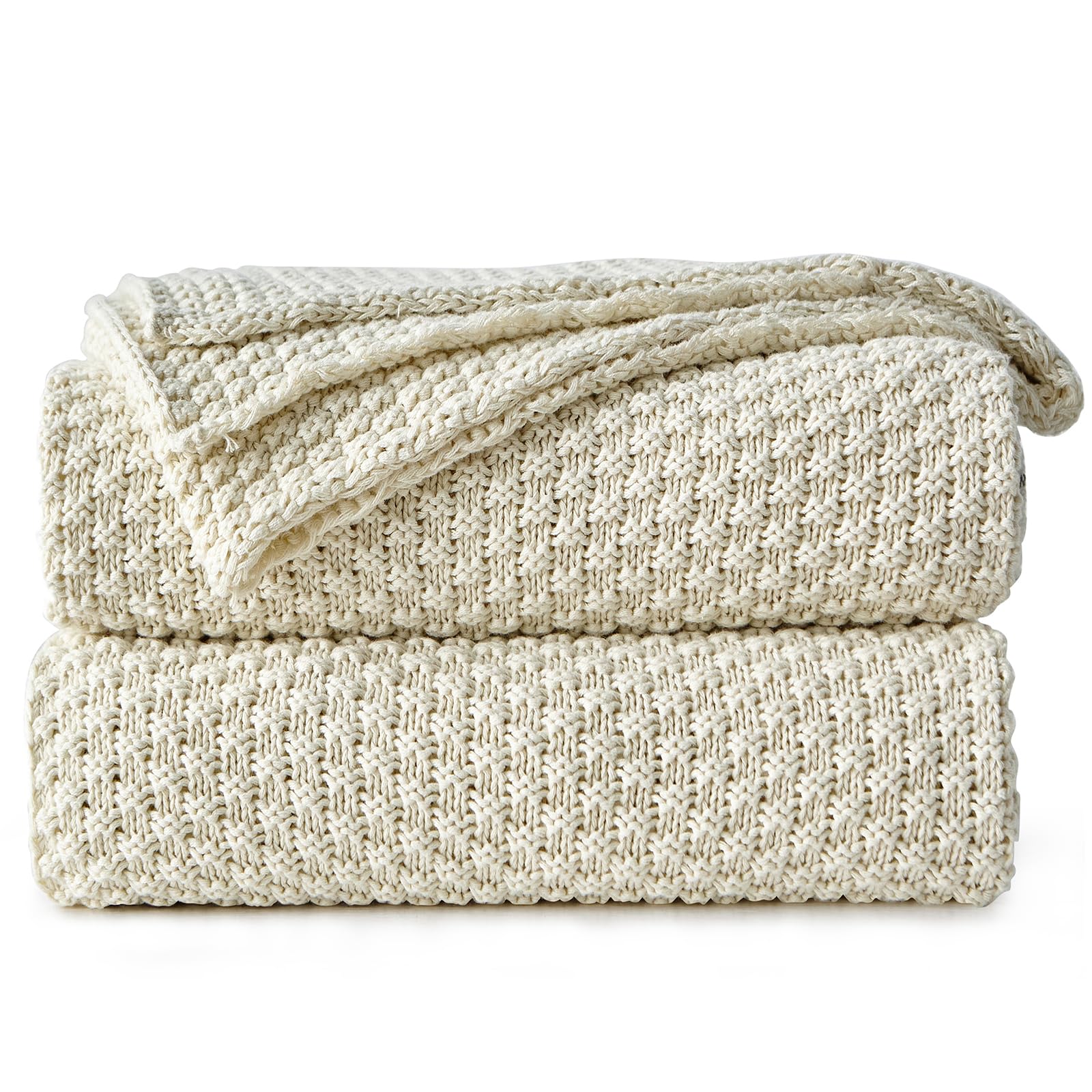 Longhui bedding Cream Knitted Cotton Throw Blanket for Couch, Soft, Cozy Machine Washable 100% Cotton Sofa Cable Knit Blankets, 