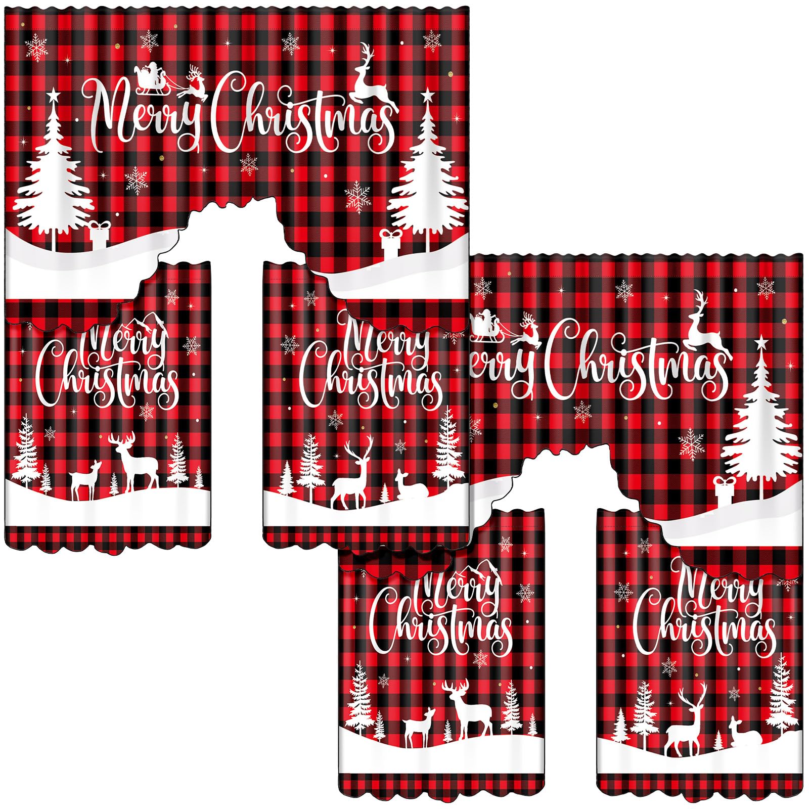 Frienda 6 Pcs Christmas Kitchen Window Tier Curtains and Valance Set Xmas Tree Deer Red Black Buffalo Plaid Christmas Curtains f