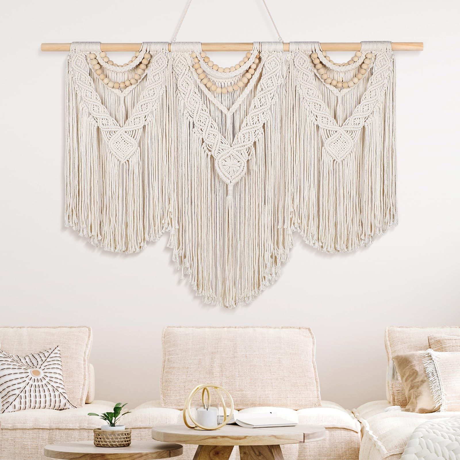 Newwiee 43 x 32 Large Macrame Wall Hanging with Rod Boho Decor Woven Tapestry Wall Art Bohemian Decor Tassel Macrame Curtains fo