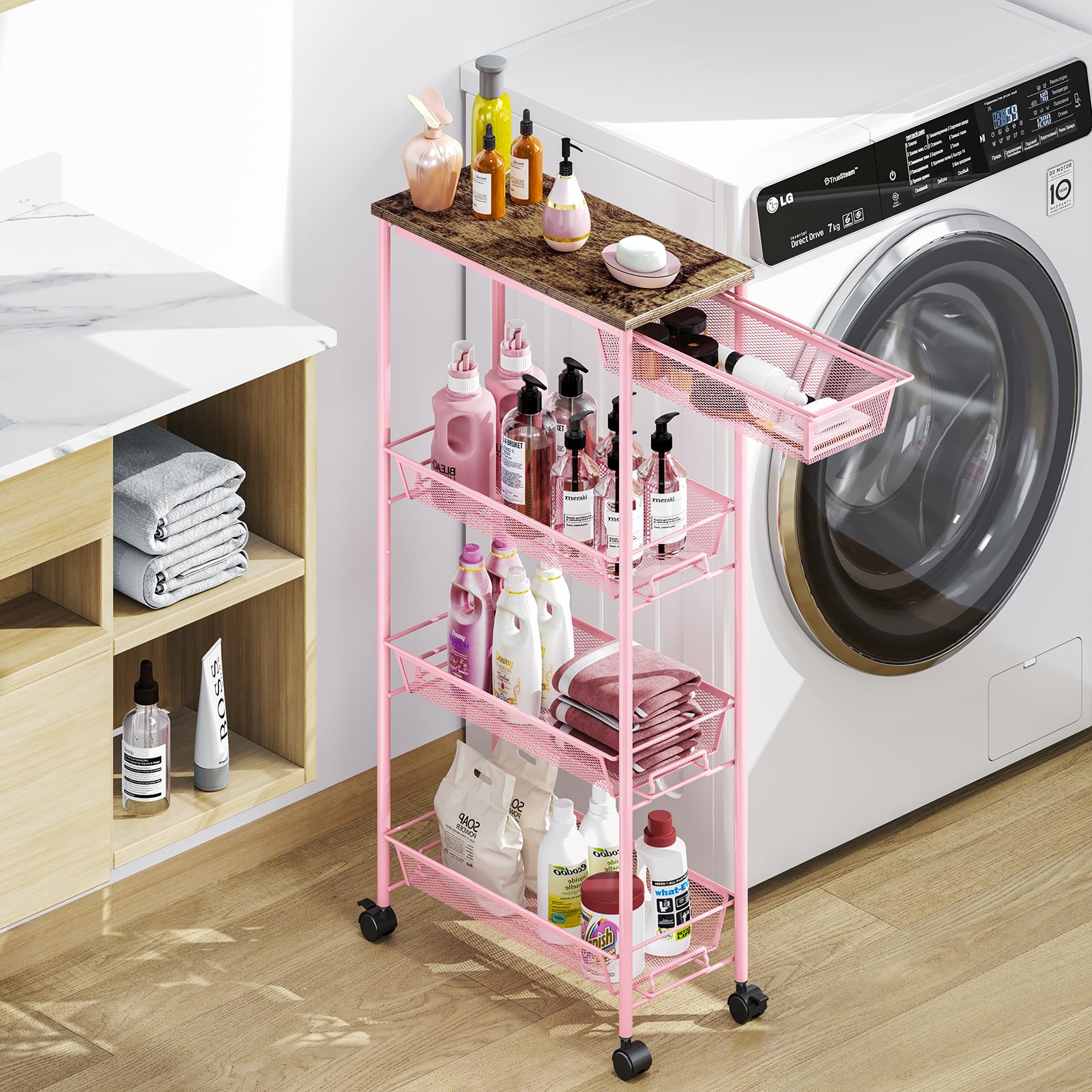 KINGRACK 4-Tier Slim Storage Cart, Metal Rolling Cart, Organizer with Wooden Tabletop and Drawer Basket, Mobile Shelving Unit fo