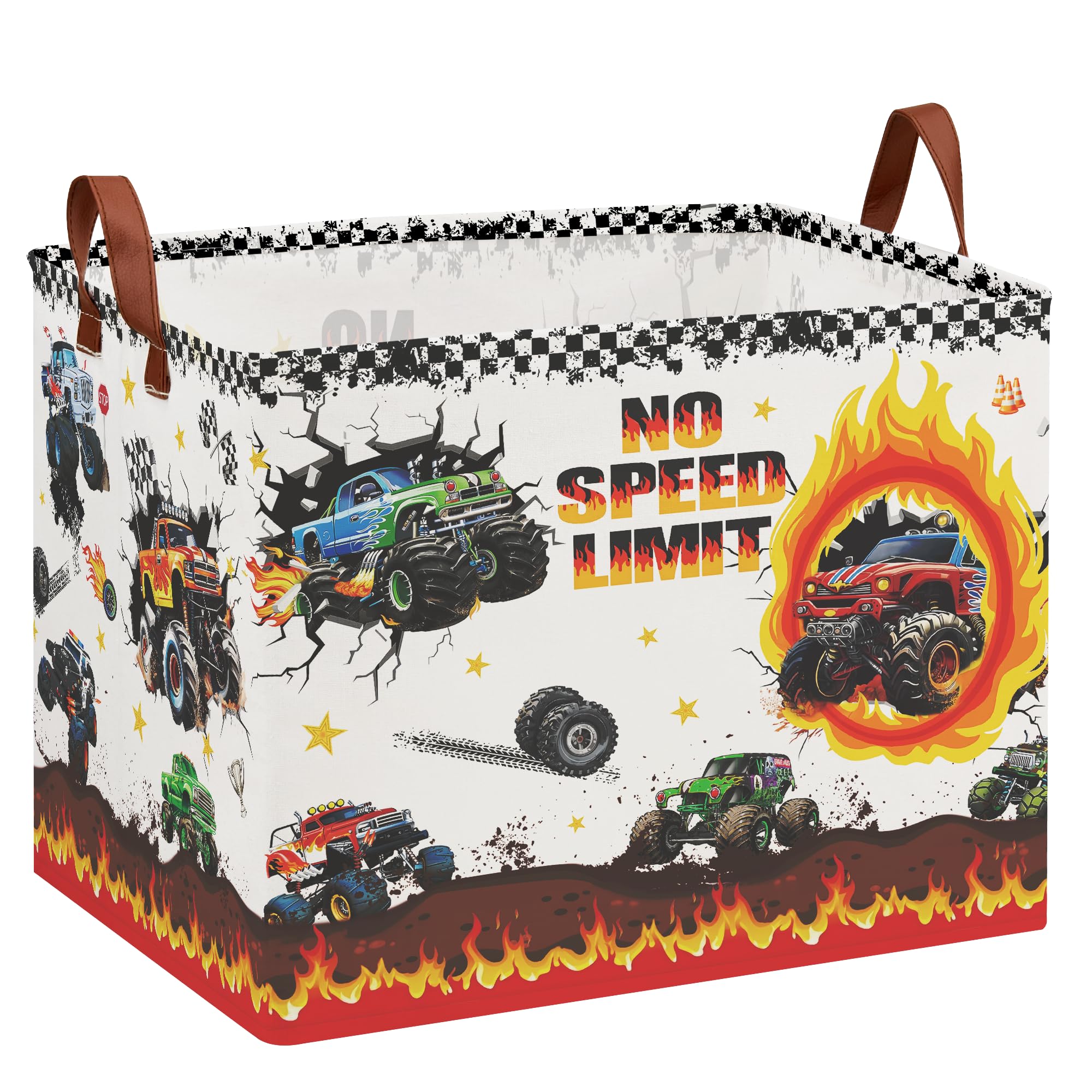 XHWZOF Monster Trucks Storage Basket with NO SPEED LIMIT Sign,Car Room Decor for Boys ,Kids Laundry Hapmer,Gift Bag Storage Bin 