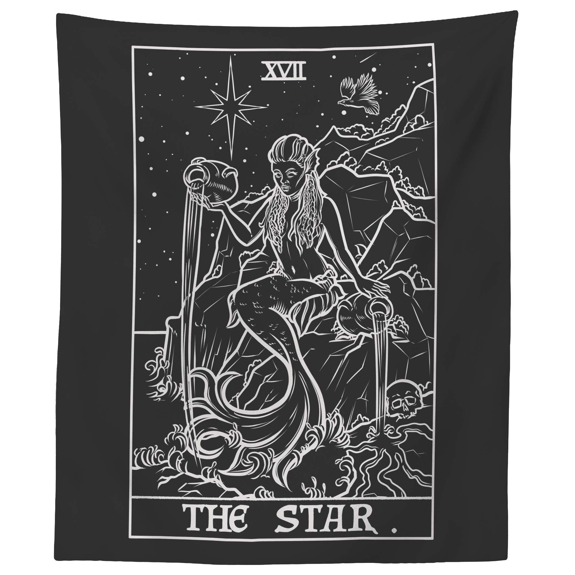 The Star Tarot Card Tapestry (Black & White) - Spooky Siren Mermaid - Gothic Halloween Home Decor Wall Hanging (59  x 51 )