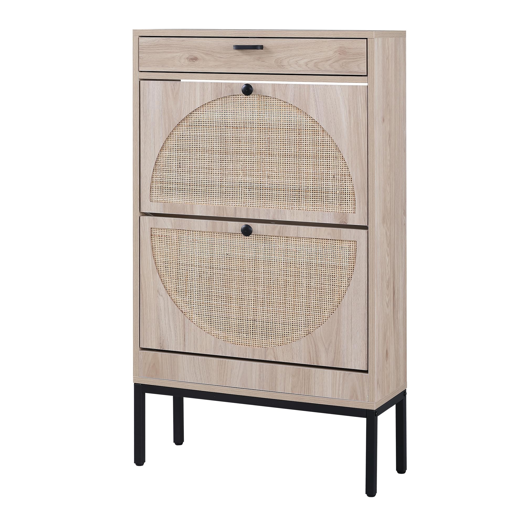 XIAO WEI Shoe Cabinet, Natural Semi Circle Rattan Shoe Storage Organizer Cabinet with 2 Flip Drawers, Freestanding Shoe Rack wit