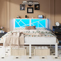 ChicZhiNest Queen White Metal Bed Frame with USB Charging Station, LED Ambient Lighting, and Wooden Storage Headboard - Includes