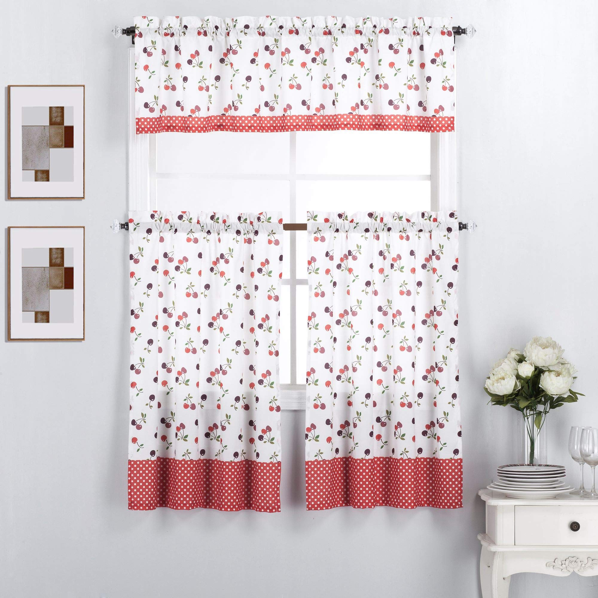 Interior Trends 3 Piece Kitchen Window Curtain Panel Tiers and Valance Set (36 Tiers Set, Cherry)