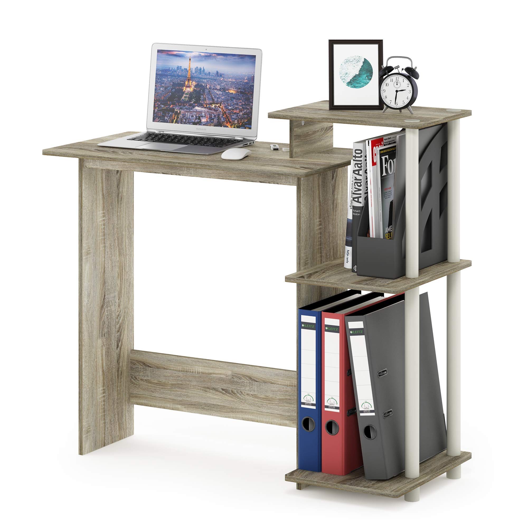 Furinno Efficient Home Laptop Notebook Computer Desk with Square Shelves, Sonoma Oak/White
