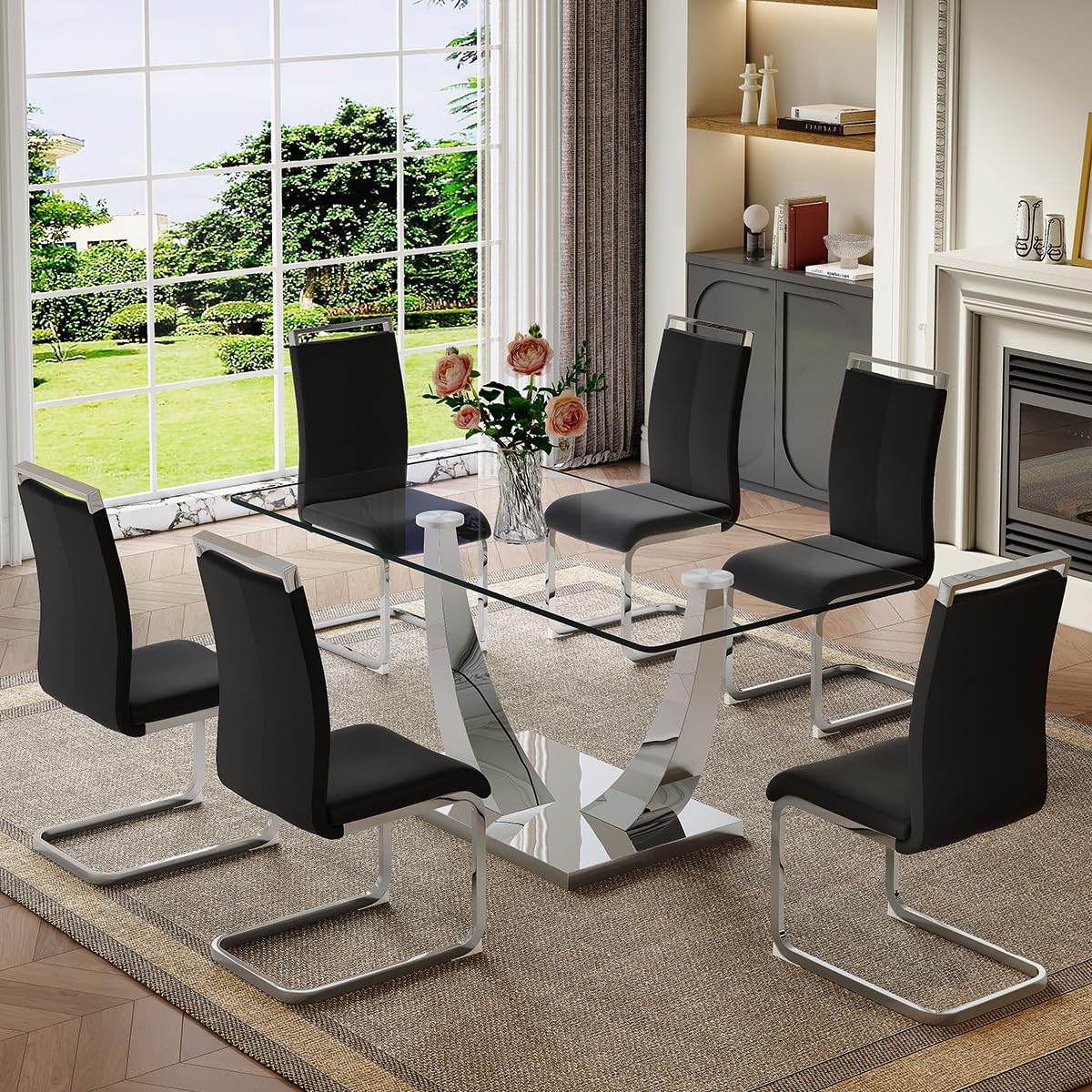 BAOPIN Dining Table Set for 6, 63 Tempered Glass Dining Table Top Thick 0.4, Dinner Table with Stainless Steel Leg and Base and 