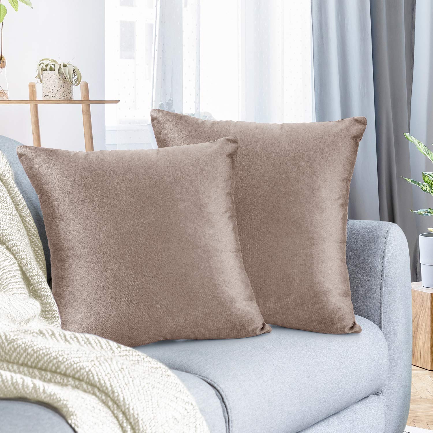 Nestl Throw Pillow Covers, Cozy Velvet Decorative TanPillow Covers 18 x 18 Inches, Soft Solid Couch Pillow Covers for Sofa, Bed 
