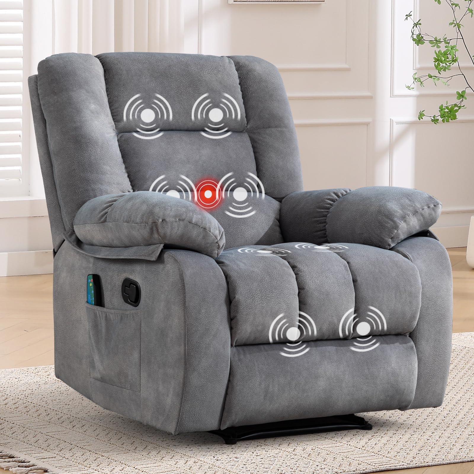 ANJHOME Overstuffed Massage Recliner Chairs with Heat and Vibration, Soft Fabric Single Manual Reclining Chair for Living Room