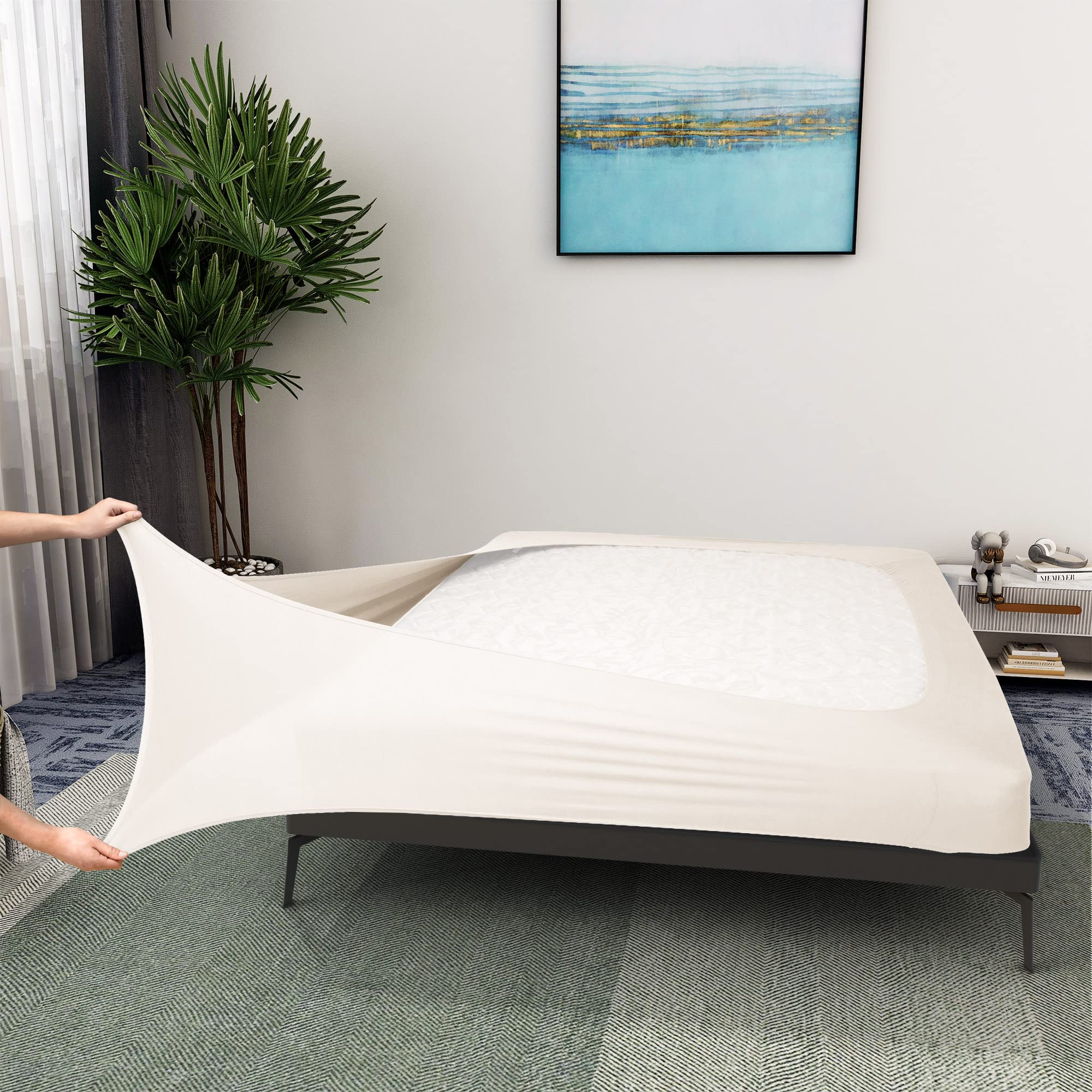 Box Spring Cover King Size - Jersey Knit & Stretchy Wrap Around 4 Sides Bed Skirt for Hotel & Home - King/Cal King, Beige