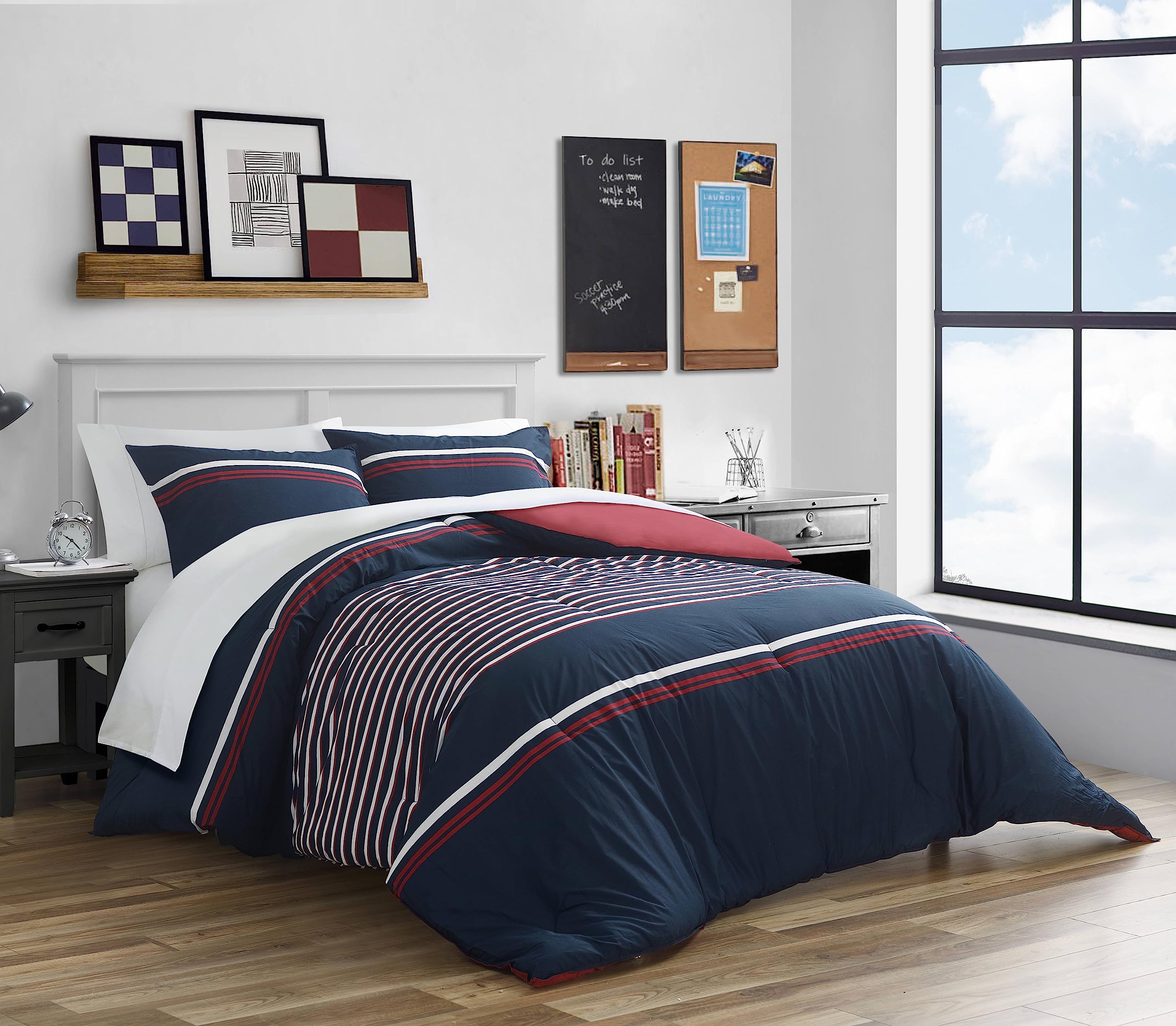 Nautica Duvet Cover Set Cotton Reversible Bedding with Matching Shams, Medium Weight for All Seasons, King, Mineola Red/White/Na