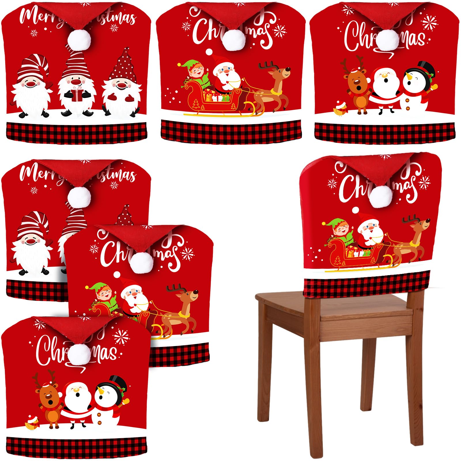 Ganeen 6 Pcs Christmas Chair Cover Santa Claus Hat Elf Shoes Buffalo Plaid Felt Dining Chair Slipcovers Merry Christmas Chair Ba