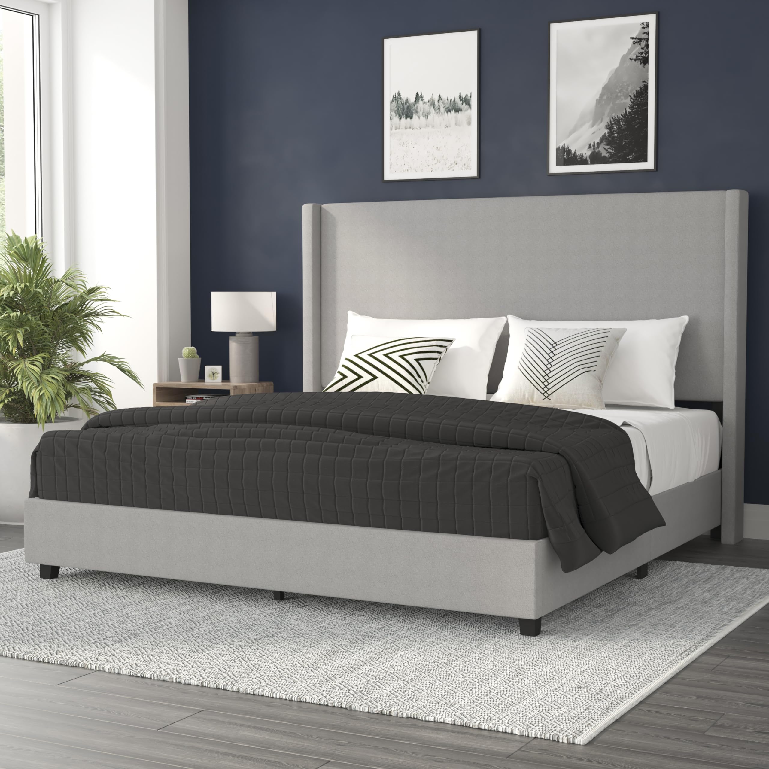 Flash Furniture Quinn Upholstered Platform Bed - Gray Channel Stitched Wingback Headboard - King - Mattress Foundation with Slat