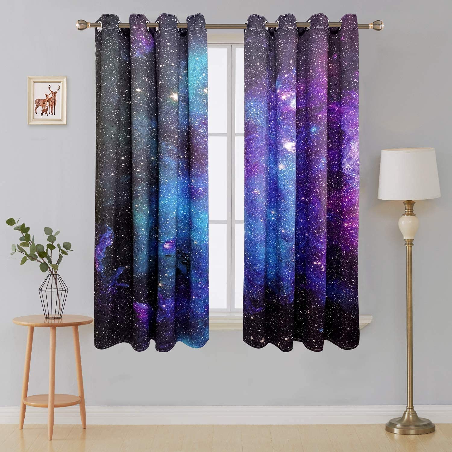 Riyidecor Outer Space Blackout Curtains Galaxy (2 Panels 29 x 63 Inch) Universe Blue Black Psychedelic Planet Nebula Starry Sky 