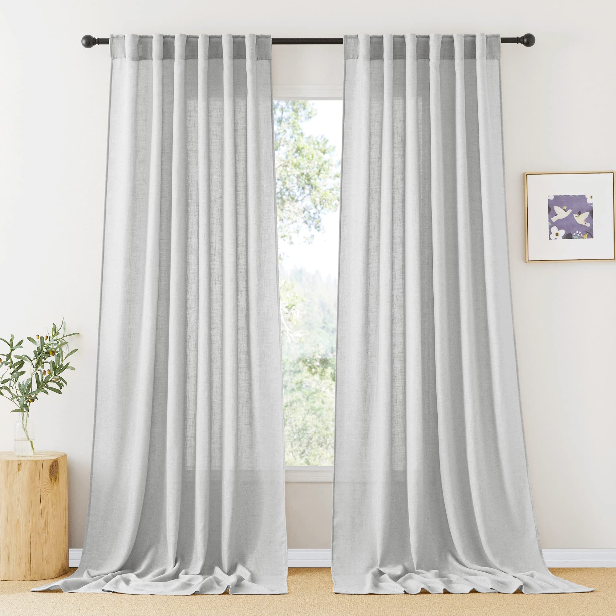 RYB HOME Semi Sheer Curtains - Natural Linen Textured Blend Sheer Curtains Light Glare Filtering Privacy Window Curtaind for Liv
