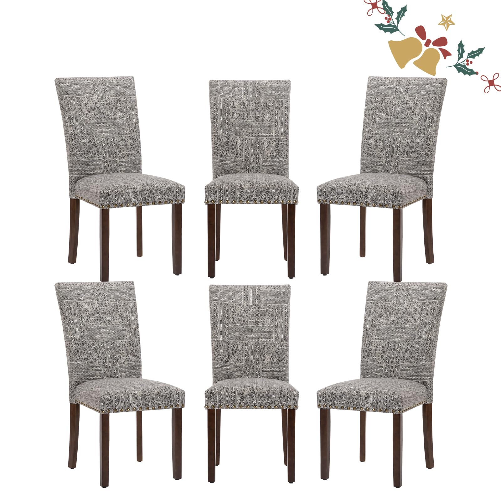 Parsons Dining Chairs Set of 6, Upholstered Nailhead Dining Room Kitchen Side Chair with Thick Cushions and Wood Legs, Black/Whi