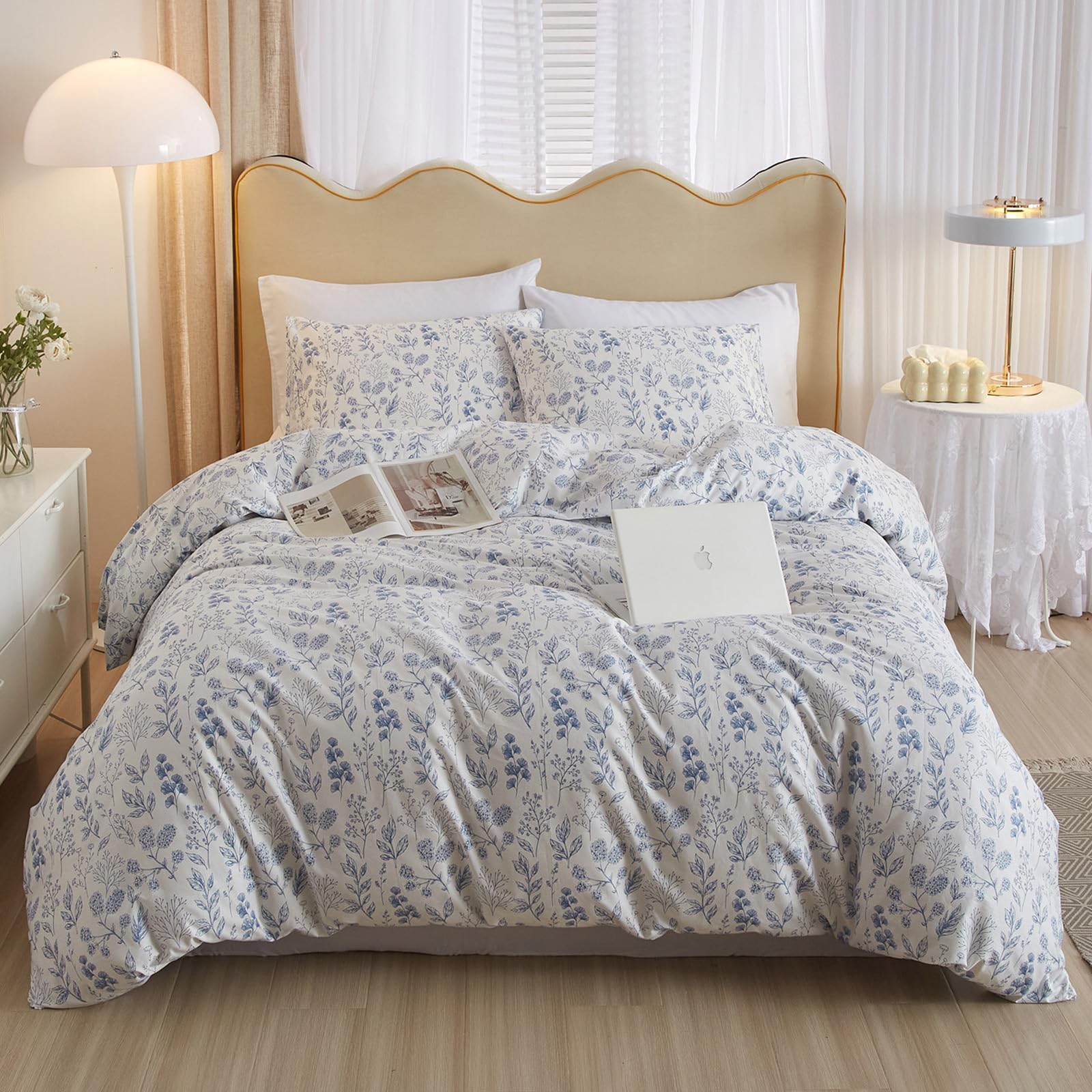 3 Pieces Duvet Cover King Size White Duvet Cover with Blue Floral Print,Coquette Bedding Soft Cotton Comforter Cover Boho Style,
