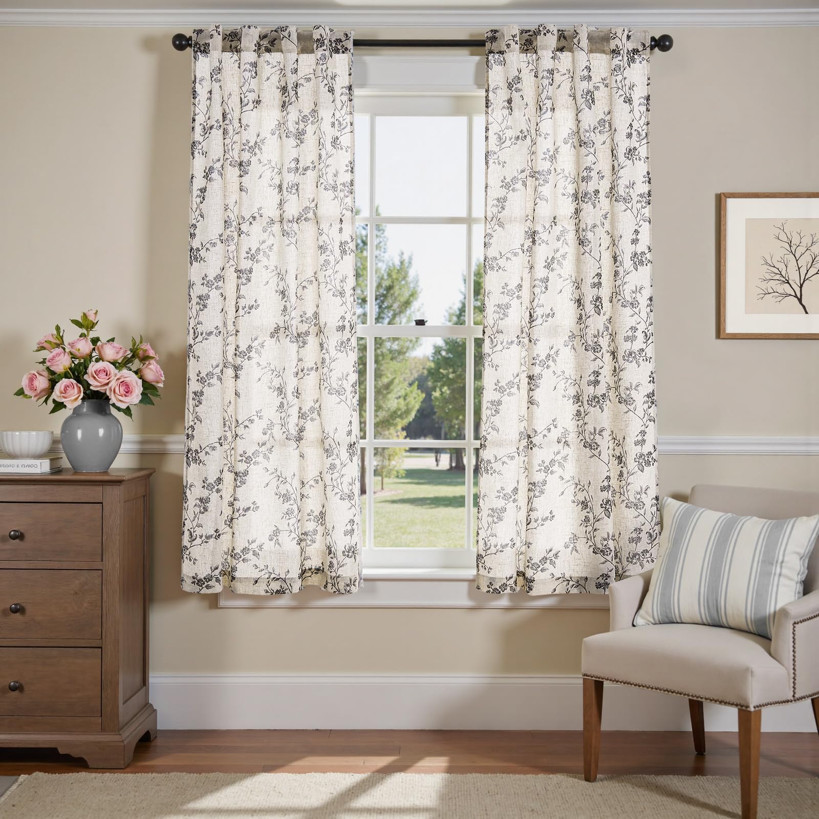 jinchan Linen Floral Curtains 63 Inch Farmhouse Country Flower Drapes Rustic Window Curtains Light Filtering for Living Room Bed