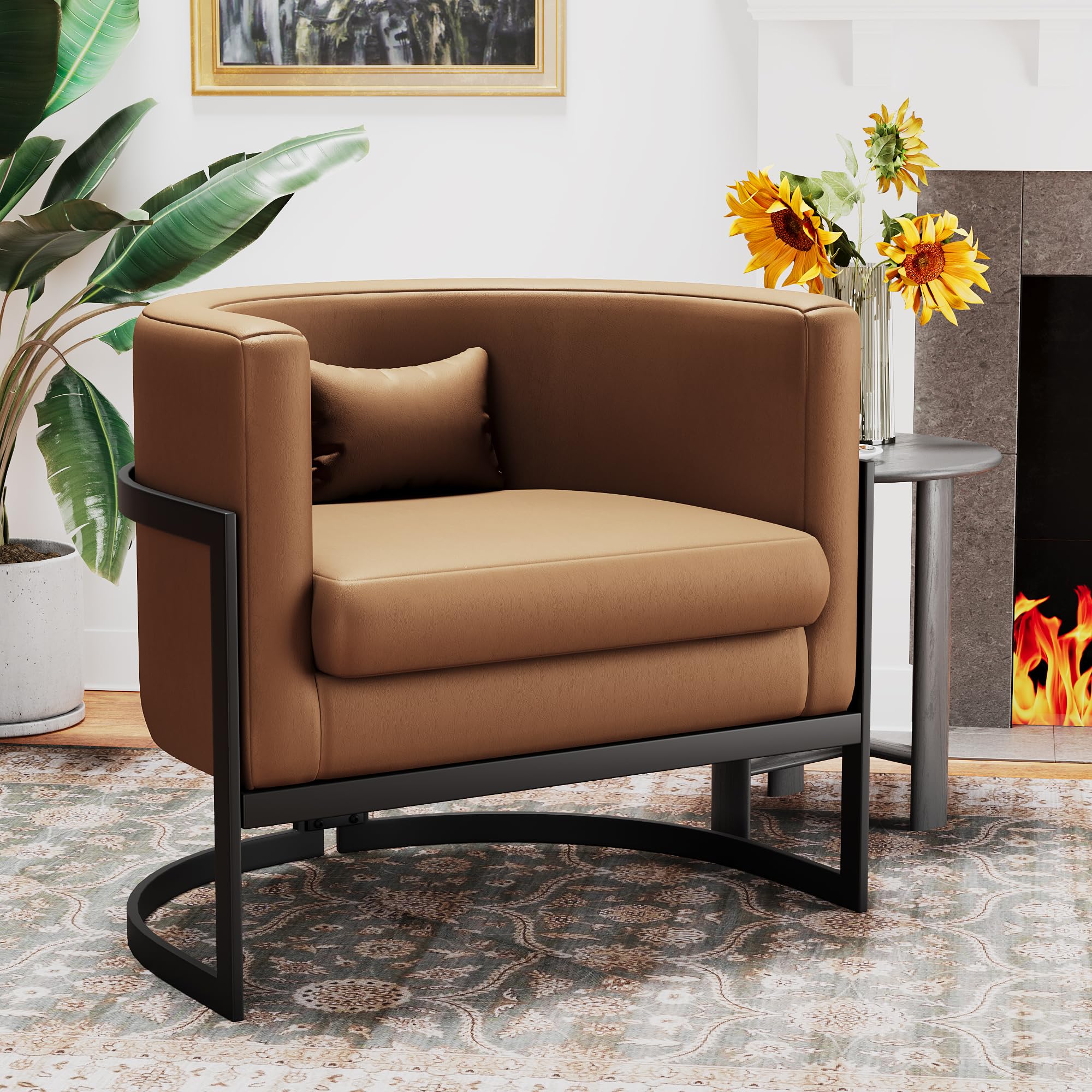 Apeaka Brown Faux Leather Barrel Accent Chair Modern Upholstered Armchair for Living Room Bedroom Single Sofa Chair Club Side Ch