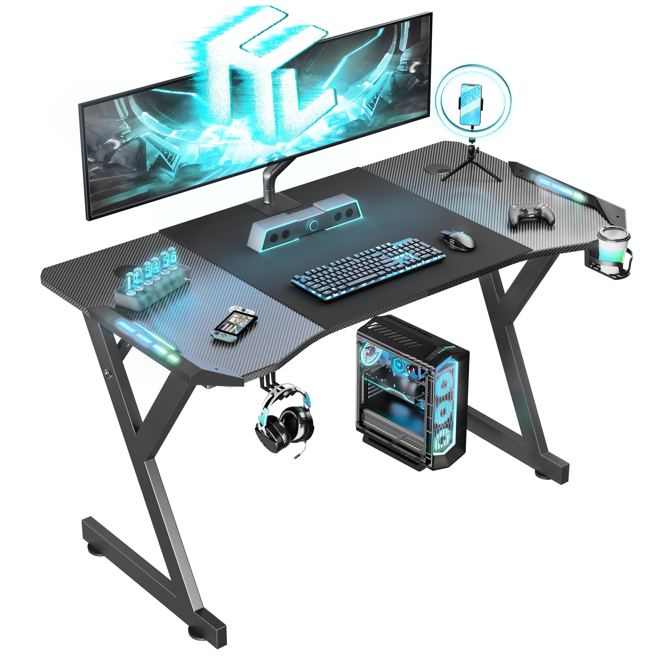 HLDIRECT 47 Inch Gaming Desk with LED Lights, Ergonomic Computer Table with Carbon Fibre Surface, Sturdy PC Workstation Desk for
