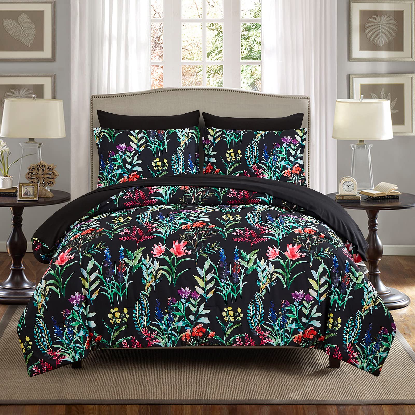 DHSFKBE 7 Piece Bed in a Bag Floral Comforter Set, Botanical Flowers Comforter and Sheet Set, Soft Microfiber Lightweight Beddin