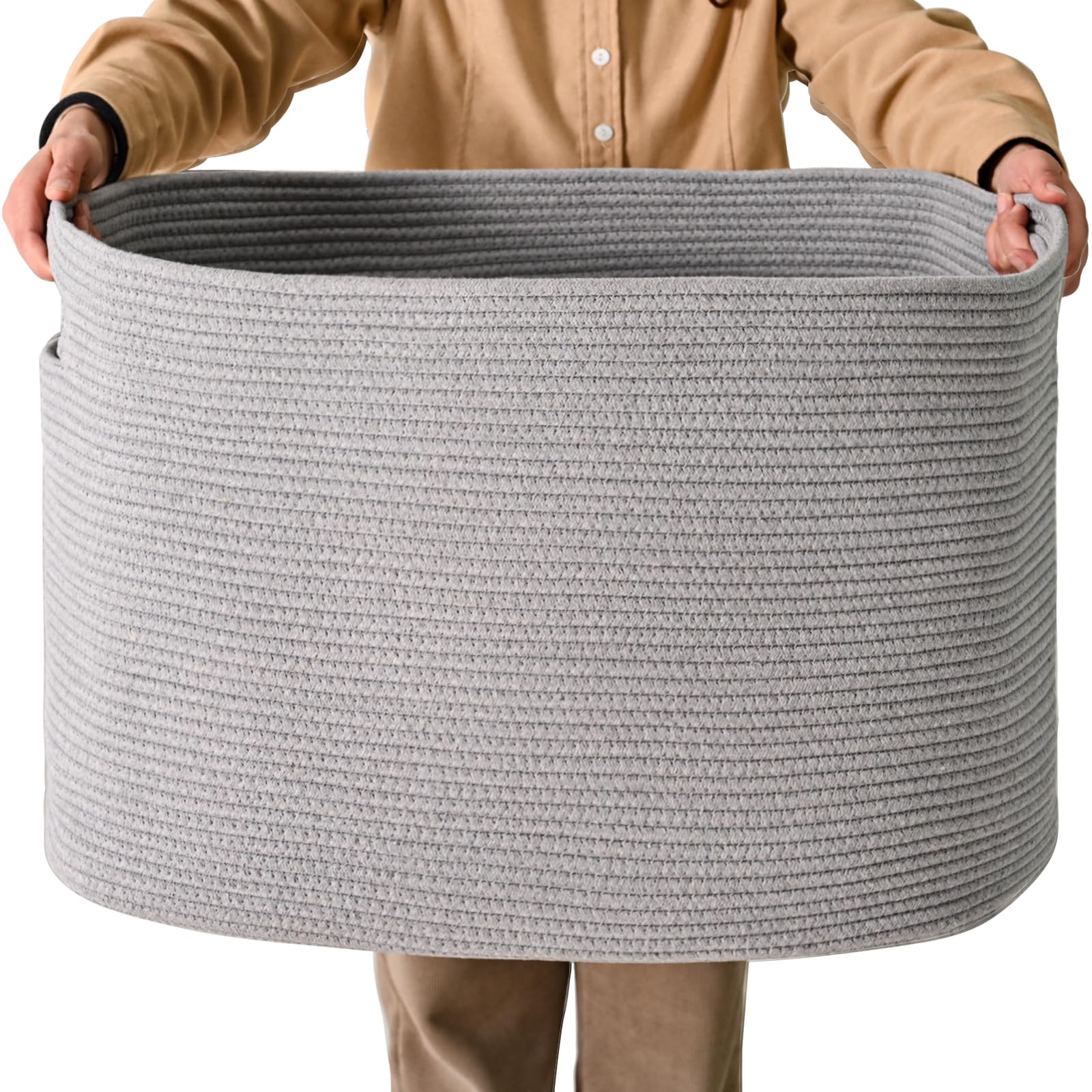 ICERZCZ Large Grey Storage Basket, Blanket Baskets for Living Room, Large Toy Basket for Storage, Woven Cotton Rope Baskets for 