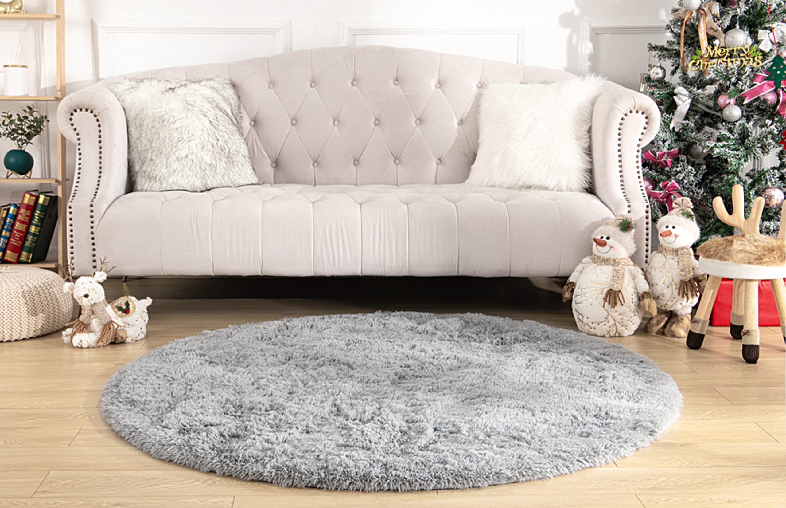 KIXINWA Grey Round Rug, 5X5 Feet Fluffy Circle Area Rug for Kids Room Bedroom Living Room Home Decor, Super Soft Cute Non Slip C