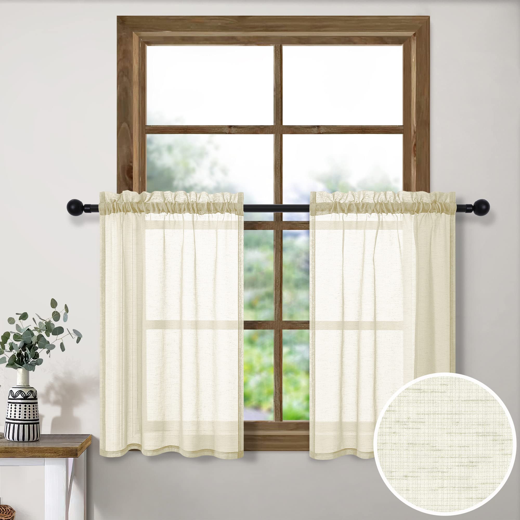 Pitalk Tier Curtains 30 Inch Length for Small Windows Set Rod Pocket Cafe Curtain Semi Sheer Linen Textured RV Camper Farmhouse 