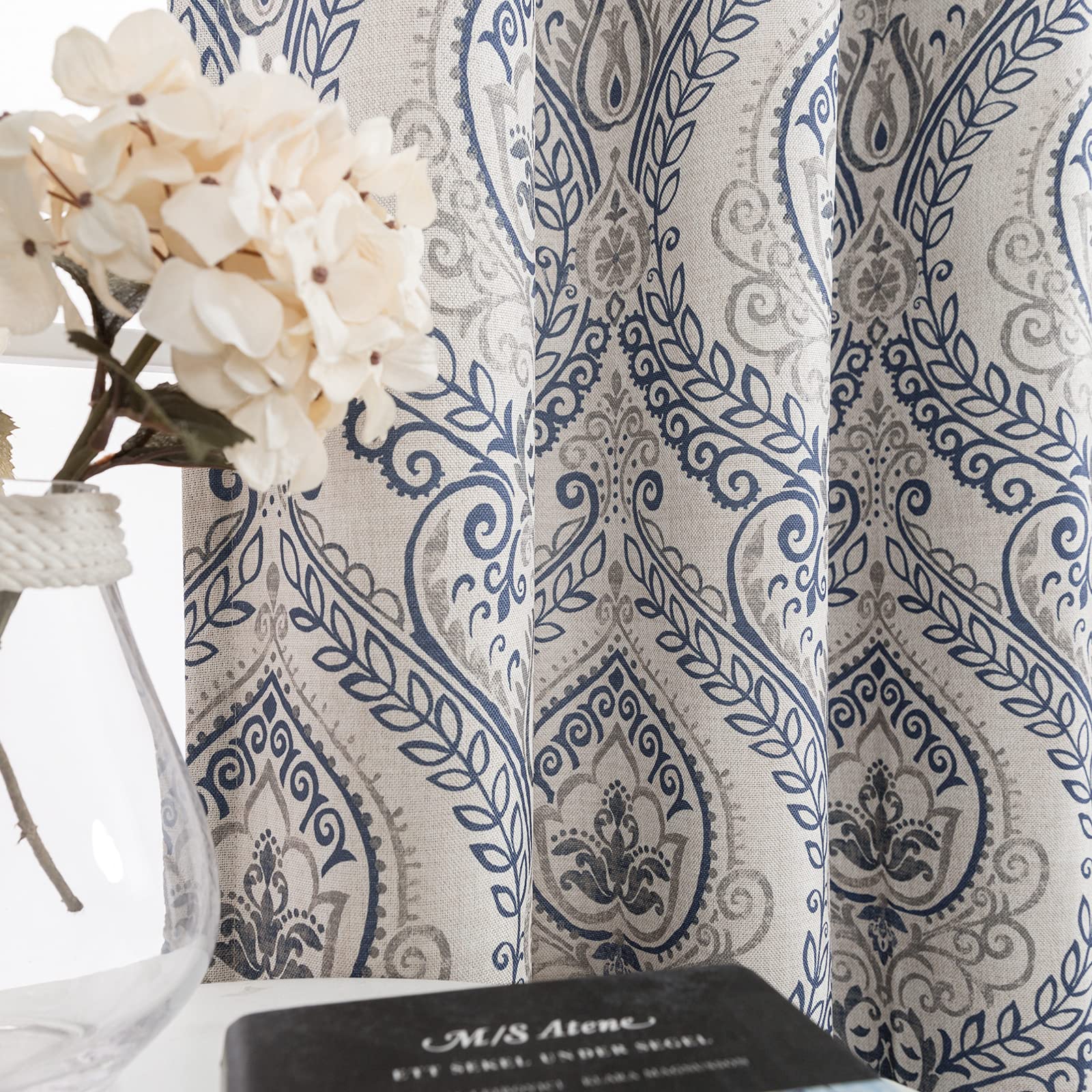 jinchan Linen Textured Curtains for Living Room Darkening 54 Inch Length, Medallion Drapes for Bedroom, Damask Pattern Window Tr