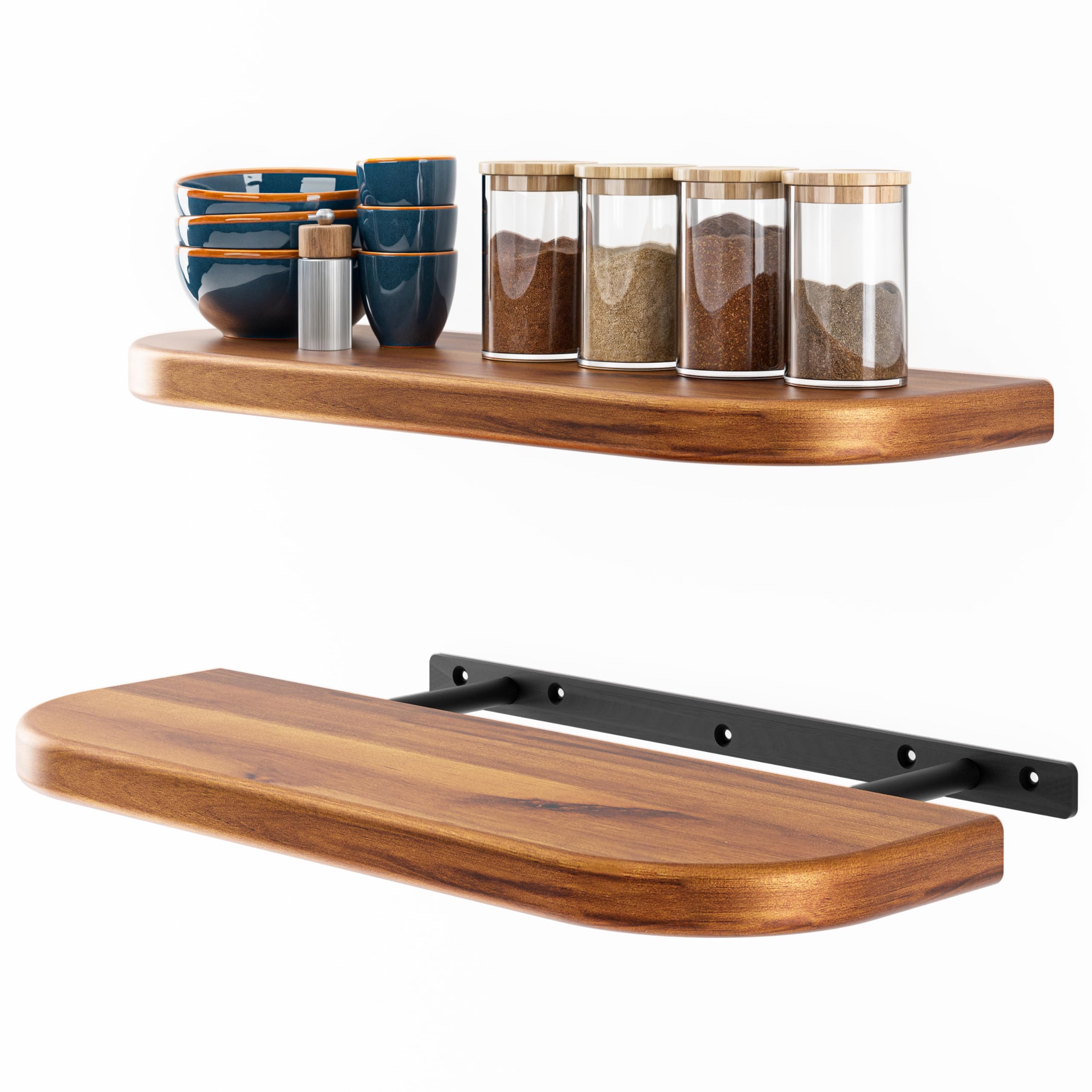 BATODA 17 Acacia Wood Floating Shelves Wall Mounted (Round Edge) - Rustic Farmhouse Wooden Wall Storage Shelf for Bedroom, Kitch