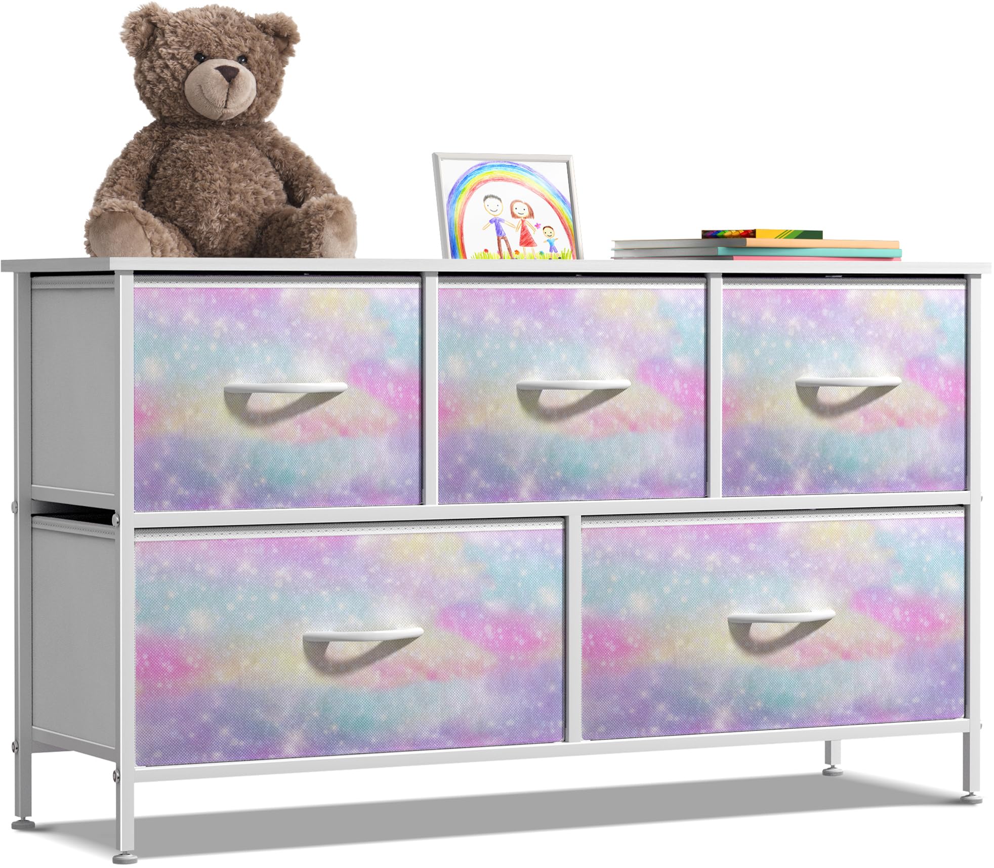 Sorbus Kids Dresser with 5 Drawers - Storage Chest Organizer Unit with Steel Frame, Wood Top, Easy Pull Fabric Bins - Long Wide 