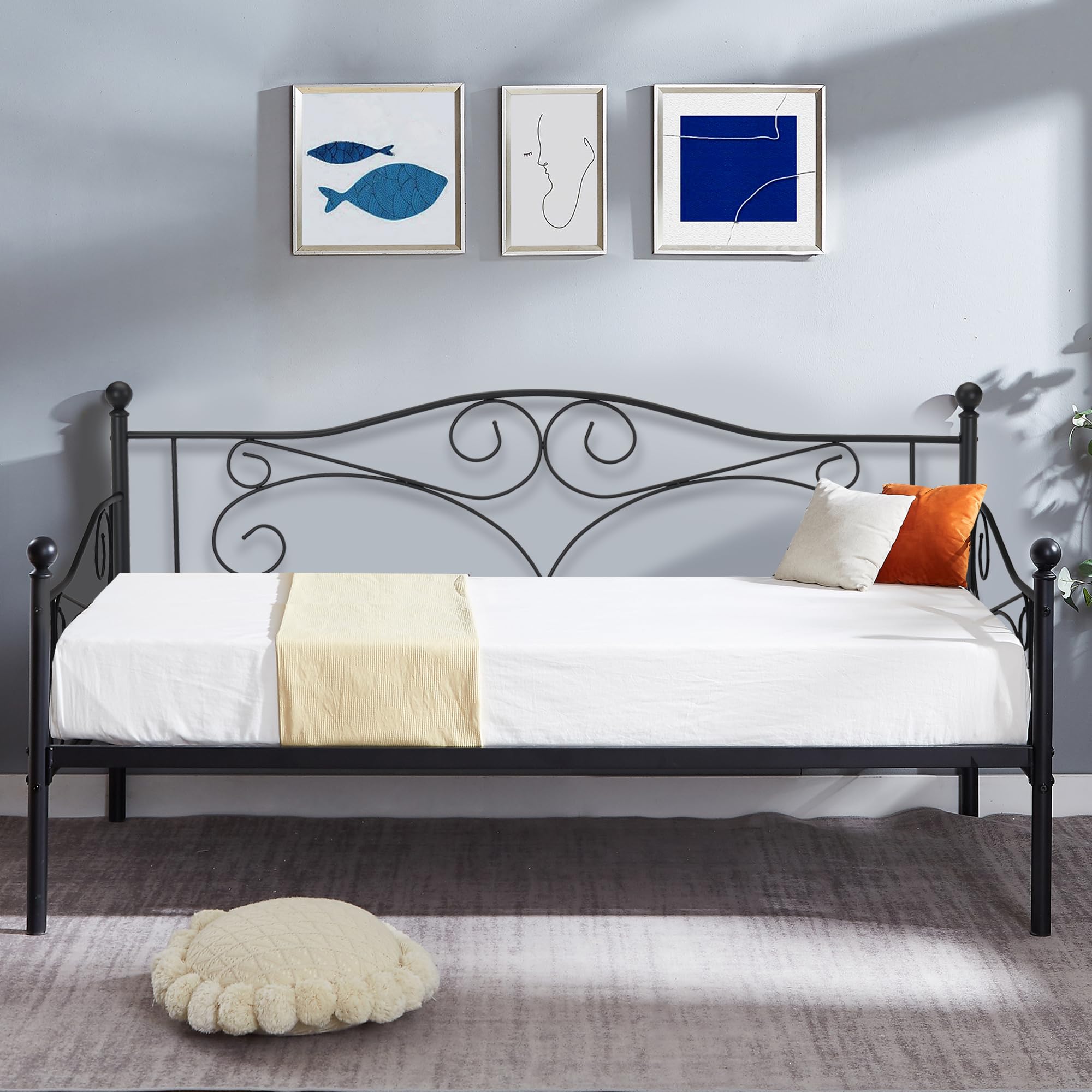 VECELO Daybed Frame, Twin Size Metal Platform Sofa Bed Mattress Foundation with Headboard, Heavy-Duty Steel Slat Support for Bed