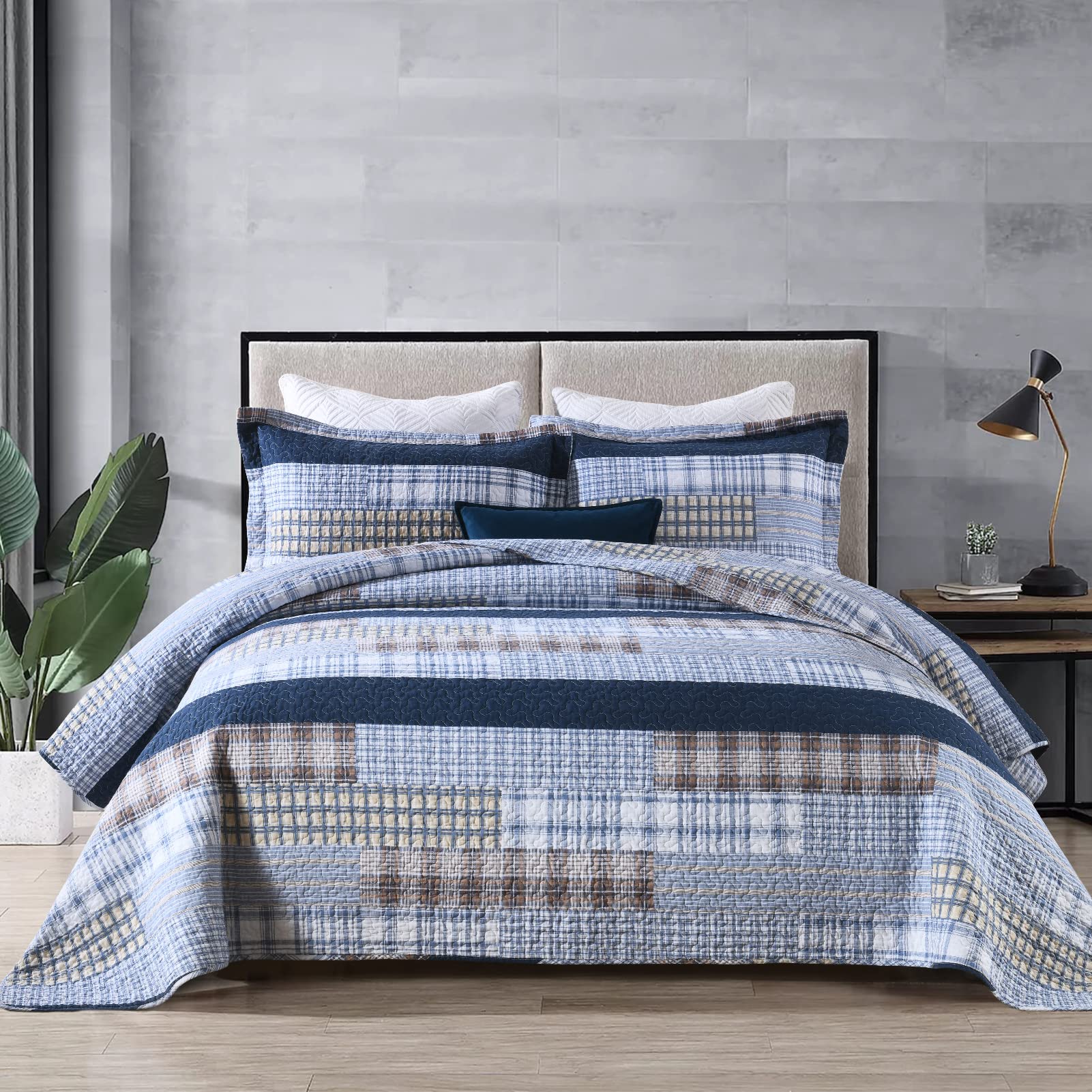 SahSahCasa Quilt Queen Size, Queen Quilt Set, 100% Cotton Queen Quilt Bedding Set Bedspreads, Farmhouse Reversible Patchwork Lig