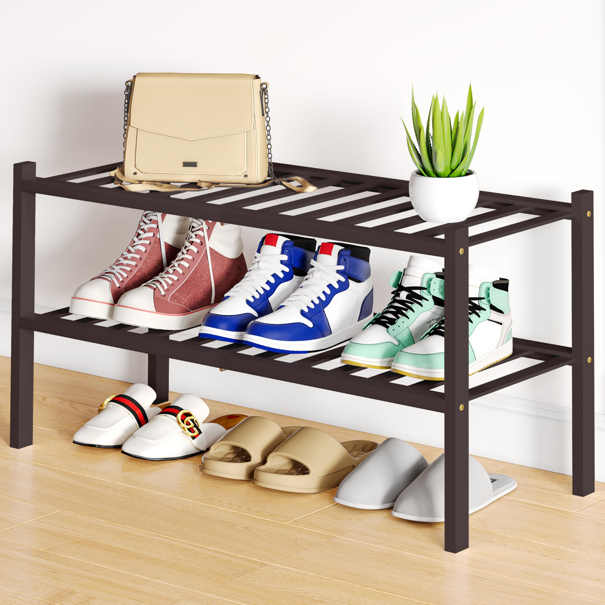 Smiry Shoe Rack, 2 Tier Bamboo Shoe Organizer, Stackable Free Standing Wooden Shoe Storage Shelf for Closet, Entryway, Front Doo
